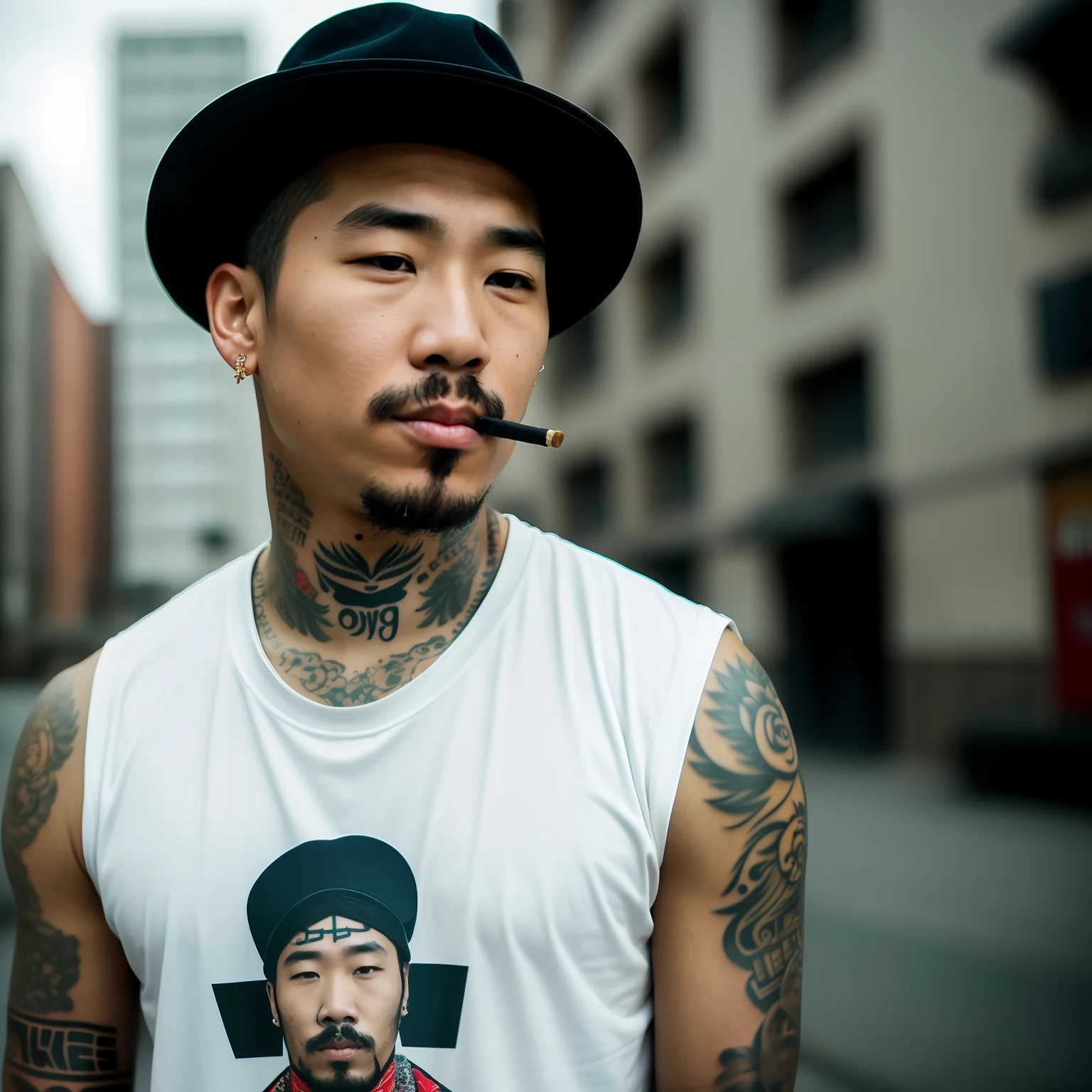 man smoking, cigarettes, natural lights, ghetto, gangsta, Asian man, stubble, facial hairs, UHD, wide angle, cool style, tattoos, face tattoos, Hmong, masterpiece, ultra realistic, 16k