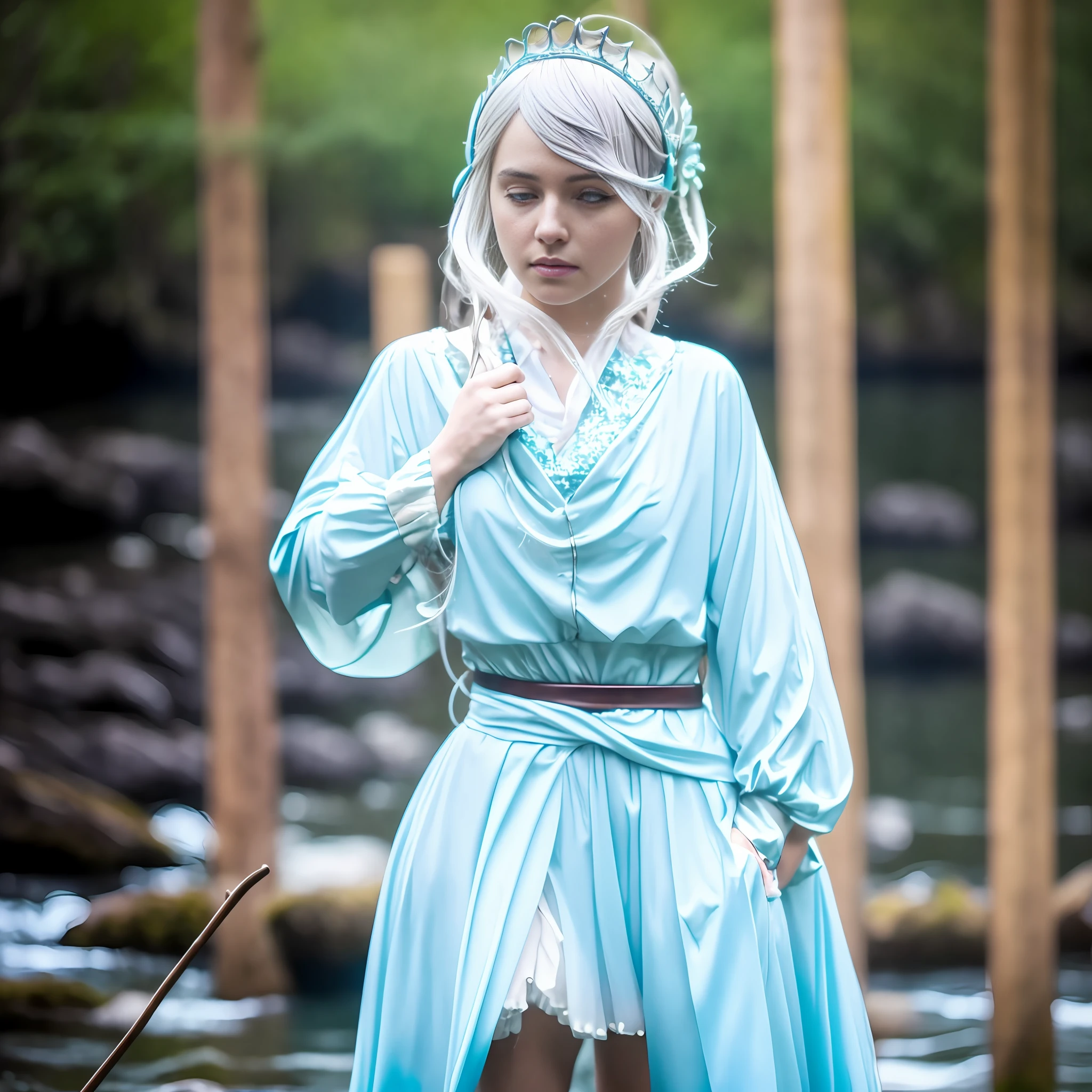 (8k, RAW photo, best quality, masterpiece: 1.2), (realistic, photorealistic: 1.37), Noelle Silva, standing in the river, water armor, Solo, silver-haired princess and bangs, Black Clover anime.