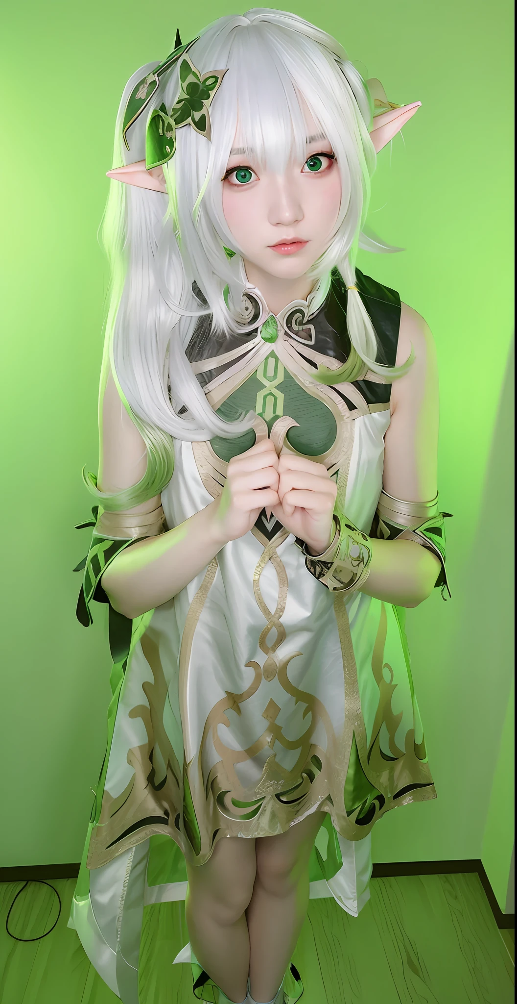 (photo realistic:1.35),(ulzzang-6500:0.65), masterpiece, best quality, detailed, pointy_ears, elf, 1girl, green_background, solo, hair_ornament, long_pointy_ears, green_eyes, long_hair, dress, realistic