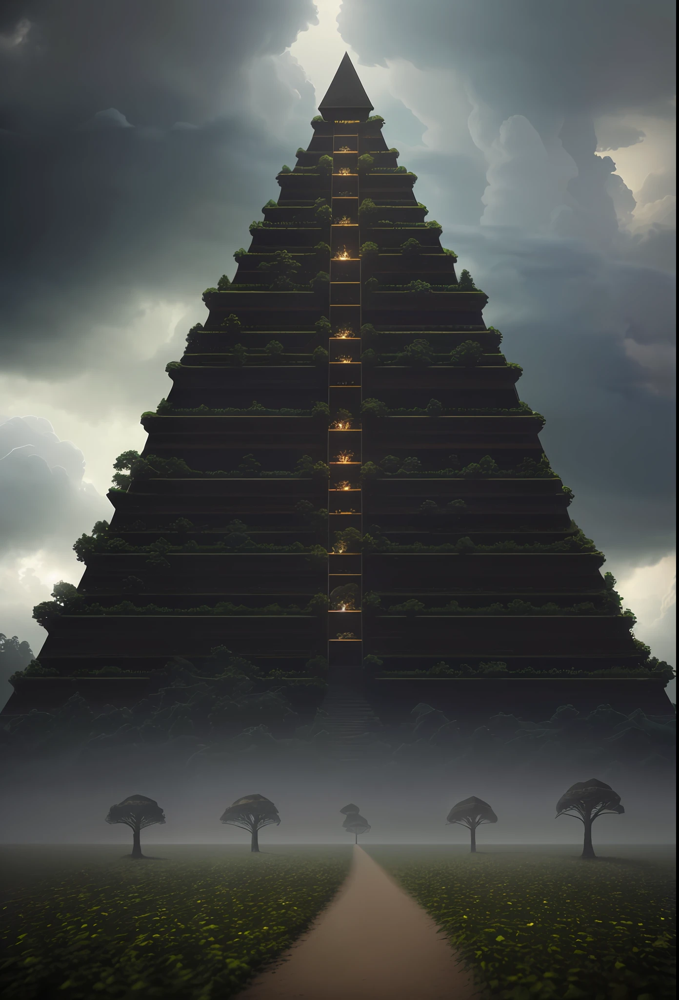 view from bottom on one realistic summer pyramid, with tree roots, storm clouds, dark sunny atmosphere, amazing compostion, High quality photo, ultra high res, (photorealistic:1.4), cinema lighting, insanely detailed, hyper realistic, intricate design, fine details, octane render