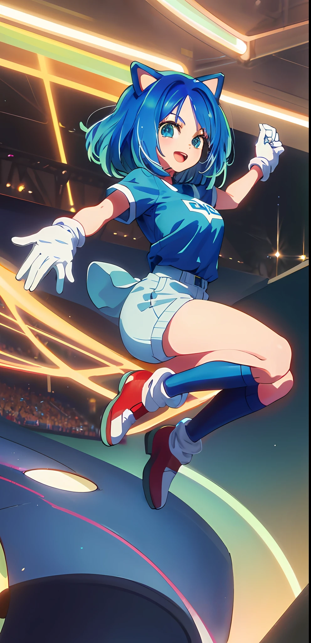 1girl masterpiece, best quality, solo, (Sonic (cosplay):1.2), Sonic (cosplay):1.2, blue shirt, brown boots, :d, Akane , medium breast, white gloves, red shoes, jumping, blue eyes ,blue hair