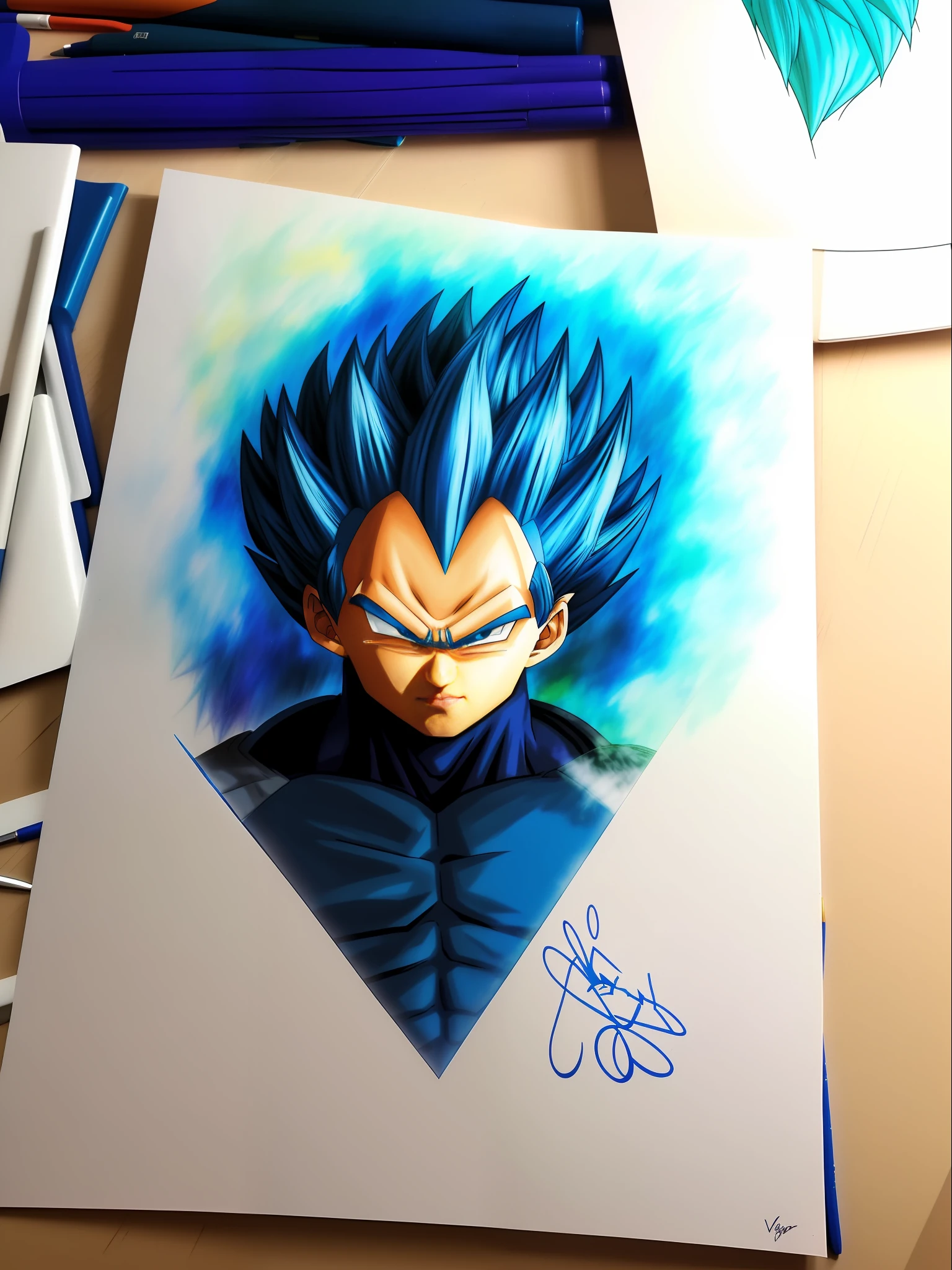 a closeup of a drawing of a blue haired goku, high quality colored sketch, vegeta, with vegeta head hair, super saiyan blue, an anime drawing, portrait of Vegeta, high quality fanart, inspired by Toriyama Sekien, dragonball character, Vegeta of dragon ball, anime drawing, highly detailed portrait of Vegeta, colorful drawing, Prince Vegeta.