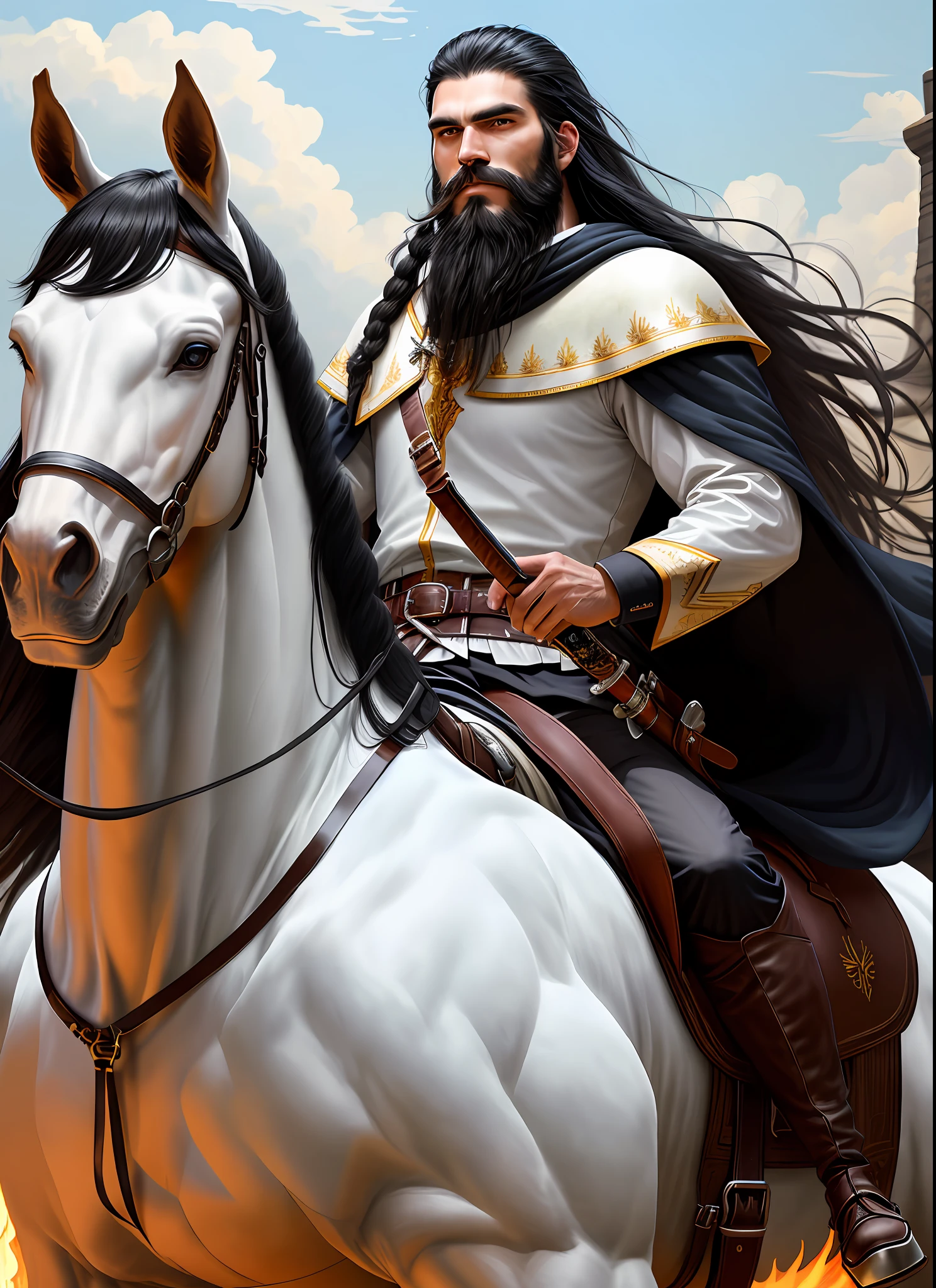 Man mounted on a white horse, perfect face, long black hair, long black beard, holding a huge sword, eyes of fire, perfect horse, man dressed white.
