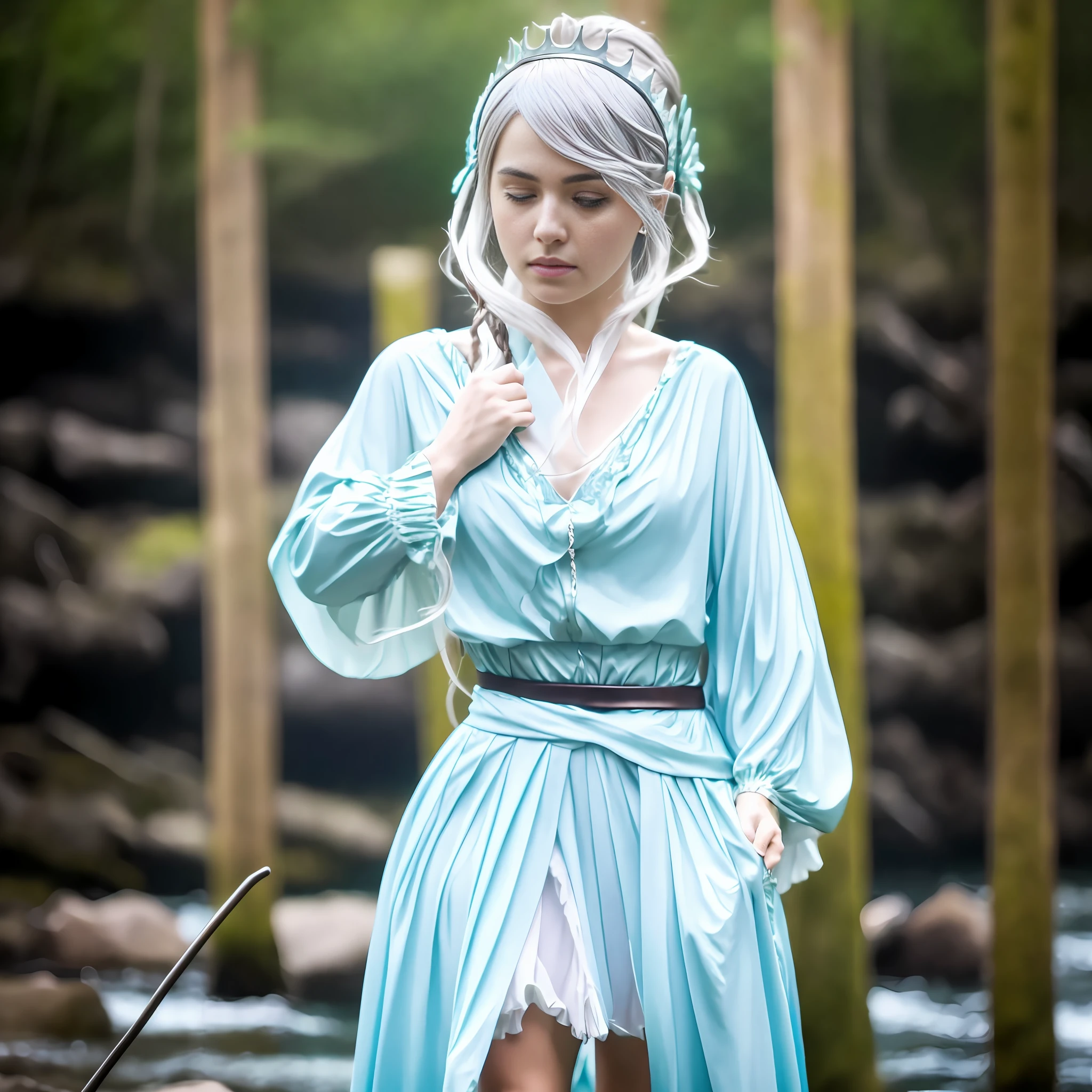 (8k, RAW photo, best quality, masterpiece: 1.2), (realistic, photorealistic: 1.37), Noelle Silva, standing in the river, water armor, Solo, silver-haired princess and bangs, Black Clover anime.