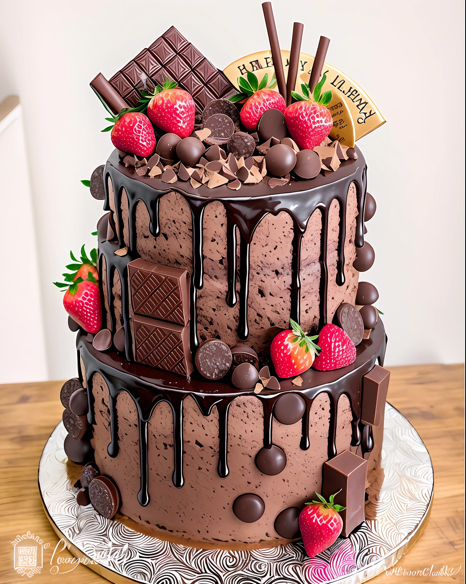 a close up of a chocolate cake with strawberries and chocolate, fully chocolate, the greatest cake, smothered in melted chocolate, cake art, birthday cake, cakes, perfectly detailed, chocolate. rugged, cake sculpture, delectable, jaw dropping, chocolate art, exquisitely detailed, sharp and detailed, simple yet detailed, highly detailed!!!, very very high detailed