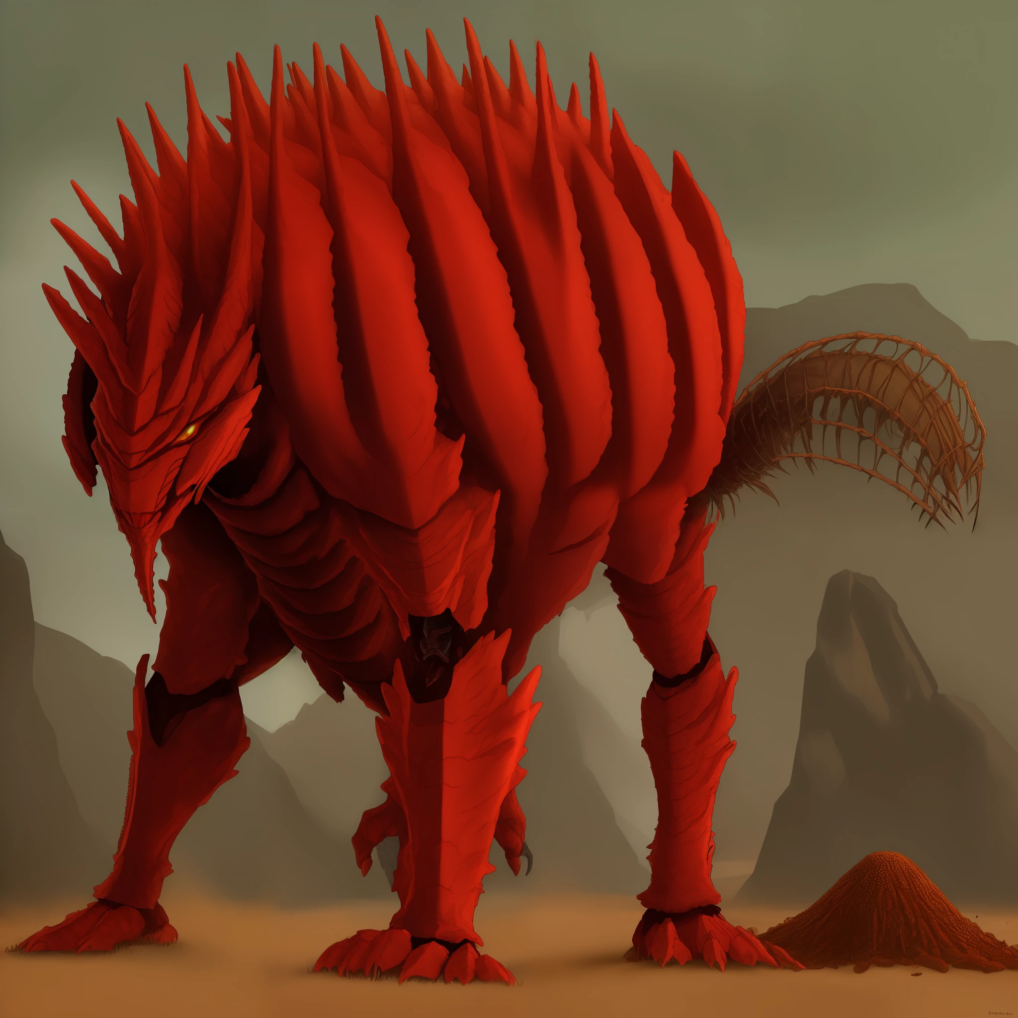 predator hunter insectoid on the hunt, red fur and armor, anthill, giant, 4k, growling-imagine