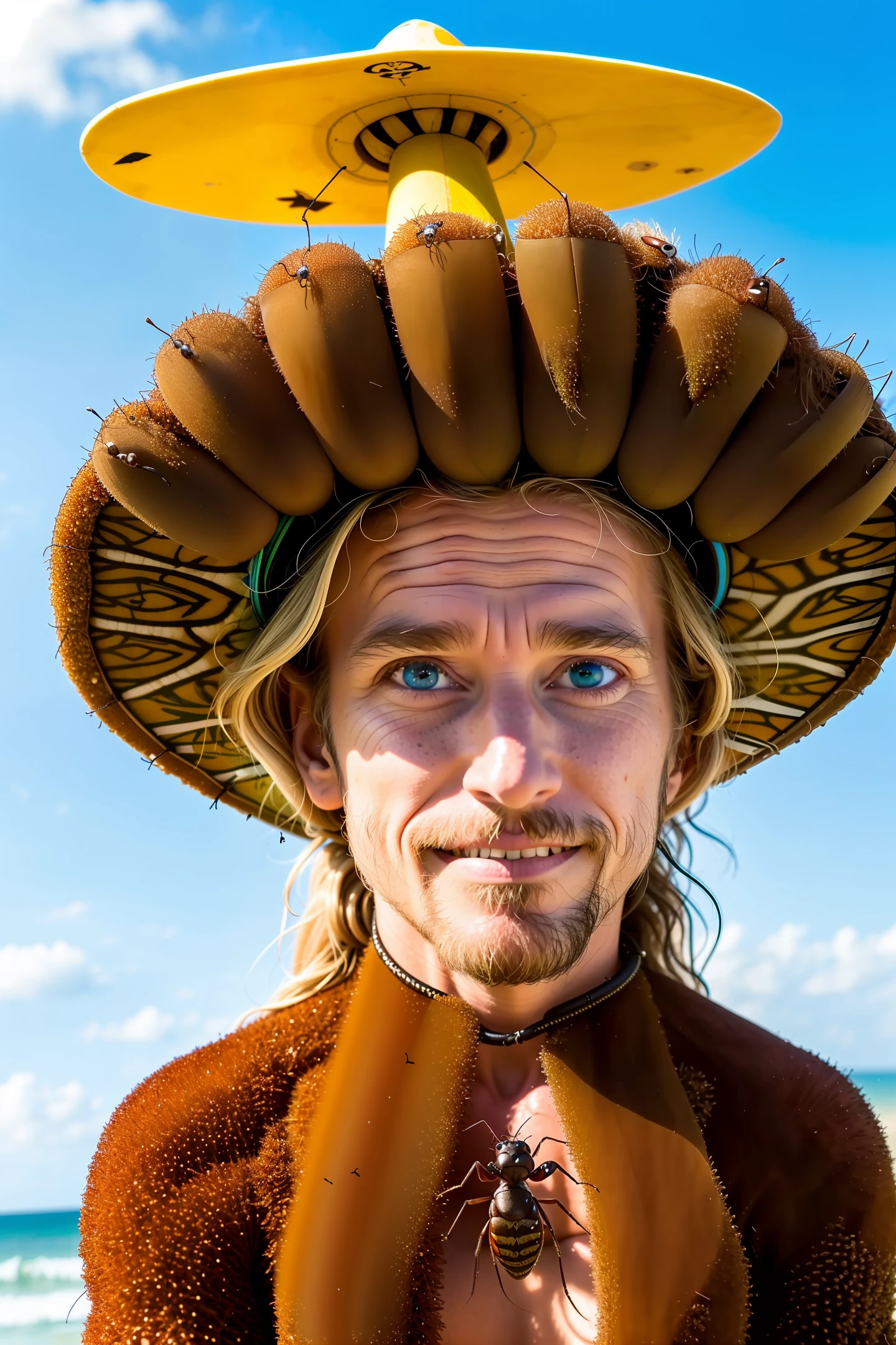 portrait of an ant that is a hippie surfer, interview, 4k, anthill