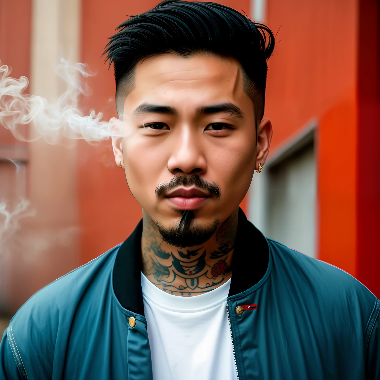 man smoking, cigarettes, natural lights, ghetto, gangsta, Asian man, stubble, facial hairs, UHD, wide angle, cool style, tattoos, face tattoos, Hmong, masterpiece, ultra realistic, 16k