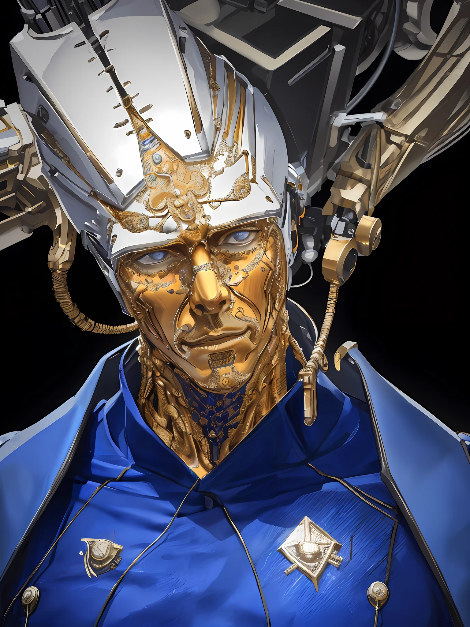 1Mechanical man, (((ultra realistic details)), portrait, global lighting, shadows, octane render, 8k, ultra sharp, metal, intricate, detailed ornaments, cool colors, Egyptian detail, highly intricate details, realistic light, trend in cgsociety, bright eyes, front camera, neon details, mechanical limbs, blood vessels connected to tubes, mechanical vertebra attaching to the back, mechanical cervial attaching to the neck, sitting, wires and cables connecting to the head