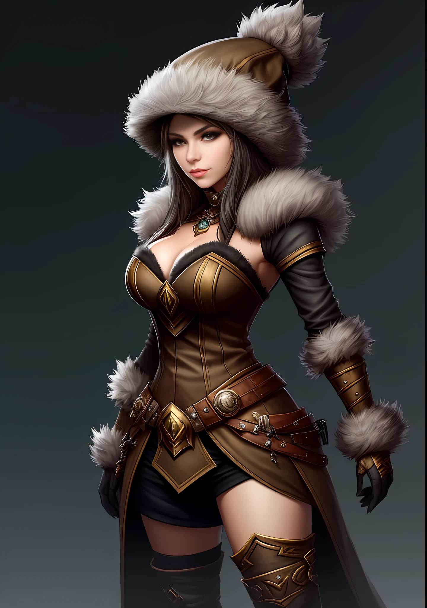 a woman in a furry outfit and a furry hat, fantasy character art, stunning character art, epic fantasy character art, hd fantasy art, epic exquisite character art, realistic fantasy artwork, fantasy woman, epic fantasy art style hd, fantasy character, digital fantasy art ), fantasy style art, detailed fantasy art, high quality fantasy art, fantasy outfit, digital 2d fantasy art