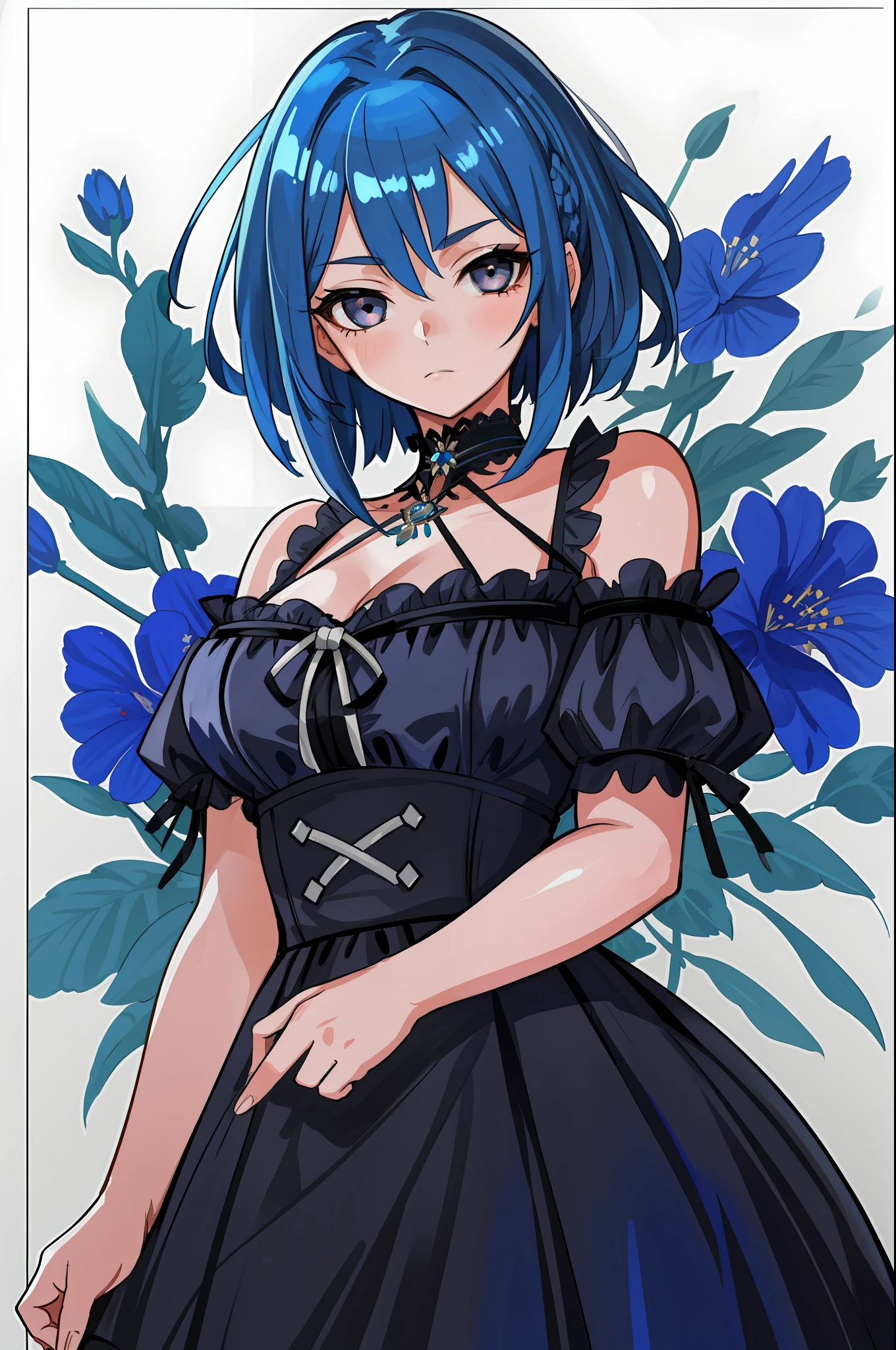 A stunning masterpiece of a high-res portrait of a beautifully detailed girl with short, shiny blue hair and mesmerizing black eyes, wearing a dress and shy expression