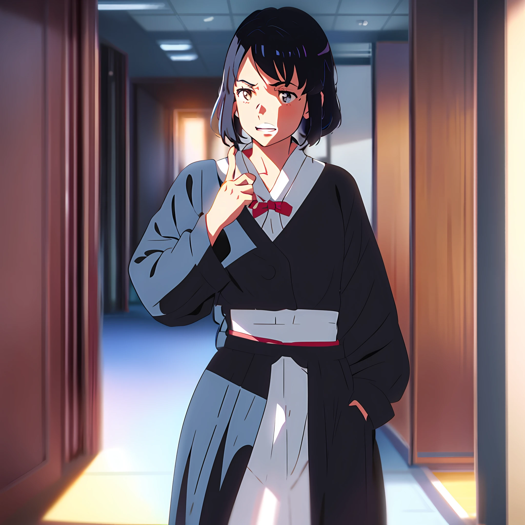 Anime girl with black hair and bow tie in a room, her name movie style, Anime Your Name, in anime movie, kimi no na wa, high quality anime movie still, Makoto Shinkai style, anime movie screenshot, with index finger, anime movie still, anime still, rin, anime still shishishi anime movie, Screenshot of the anime movie.