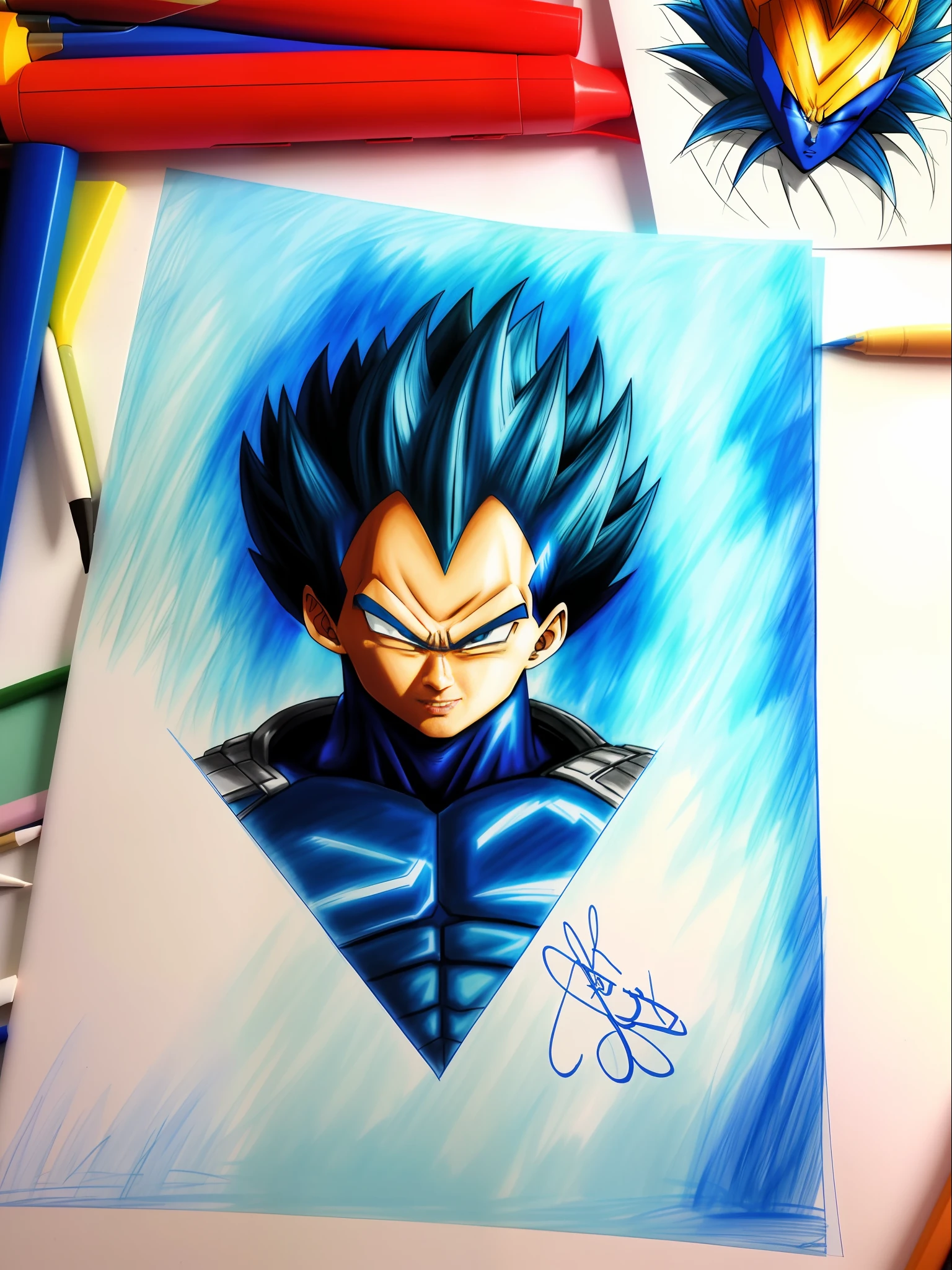 a closeup of a drawing of a blue haired Vegeta, high quality colored sketch, vegeta, with vegeta head hair, super saiyan blue, an anime drawing, Vegeta portrait, high quality fanart, inspired by Toriyama Sekien, dragonball character, dragon ball vegeta, anime drawing, highly detailed portrait of Vegeta, colorful drawing,  Prince Vegeta.