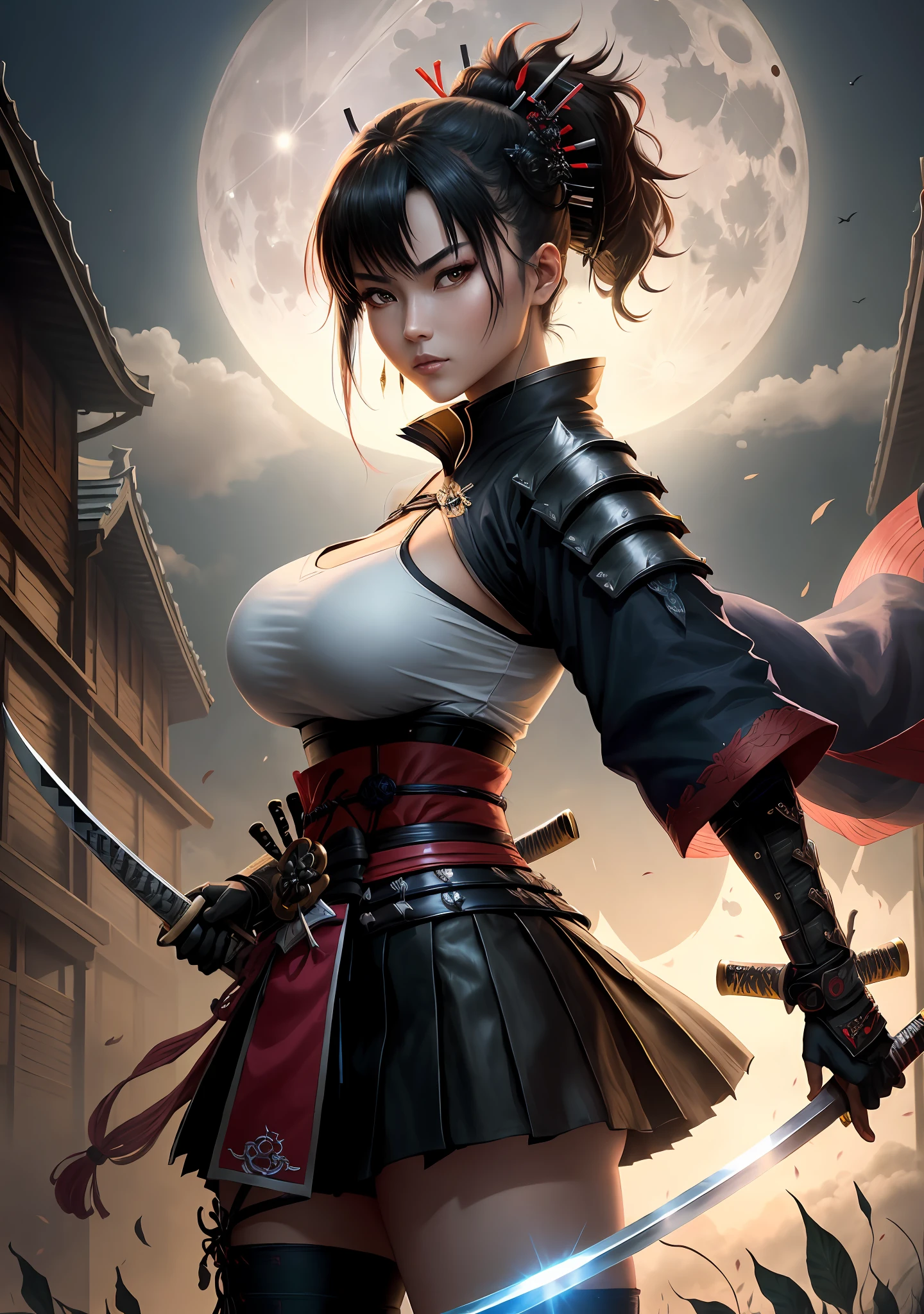 a close up of a person holding a sword in front of a full moon, very beautiful cyberpunk samurai, she is holding a katana sword, inspired by Kanō Hōgai, female samurai, katana, with large sword, demon samurai, from arknights, demon samurai warrior, she is holding a sword, kunoichi, dramatic wielding katana pose, ((super huge breast: 1.9)), (big breasts)