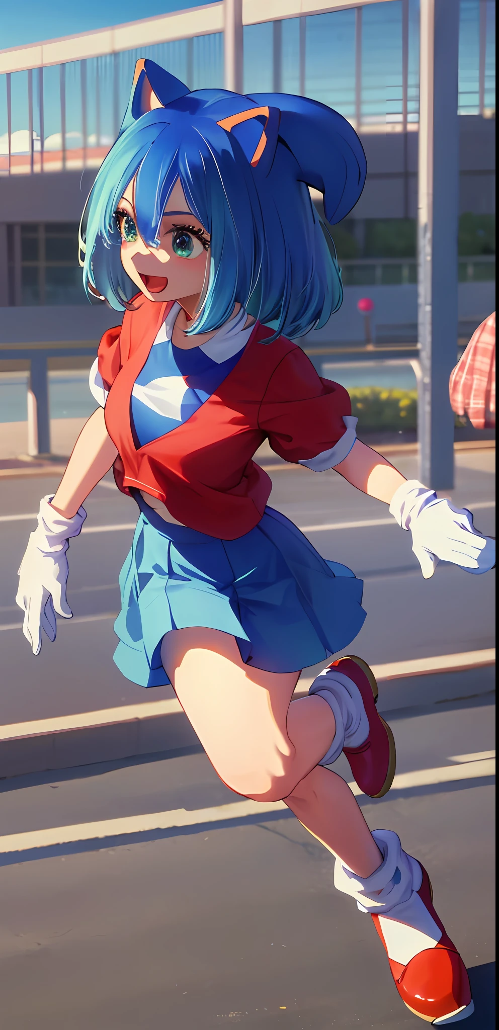 1girl masterpiece, best quality, solo, (Sonic (cosplay):1.2), Sonic (cosplay):1.2, blue shirt, brown boots, :d, Akane , medium breast, white gloves, red shoes, running