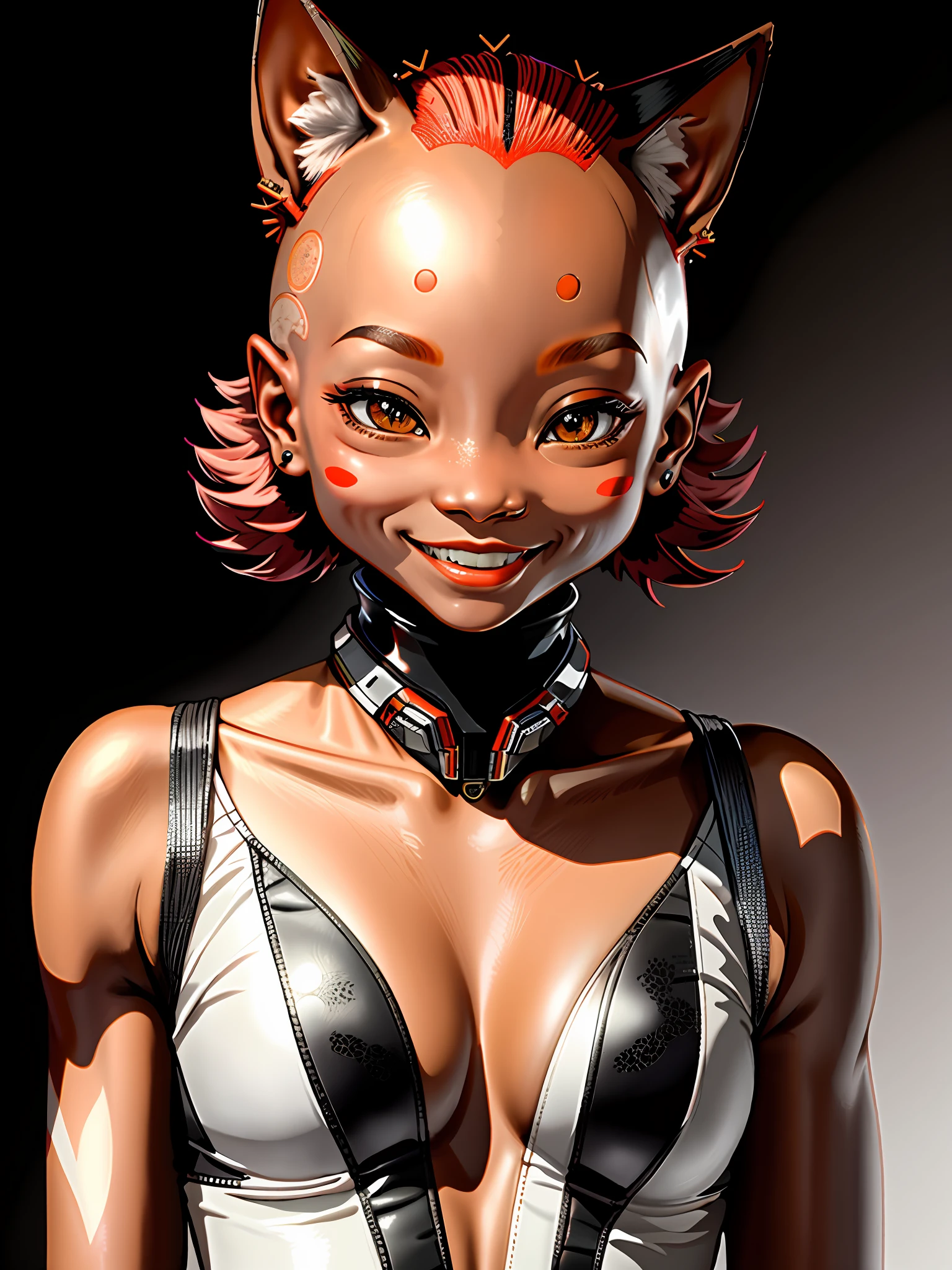 Close-up, an alien woman smiling, peculiar appearance, red fox eyes, short, pointed little nose, cat-like small mouth, hippopotamus ears, bald head, hairless cat-like skin, minimalist background, ((realistic)), masterpiece, highest quality, (masterpiece: 1.0), (best quality: 1.4), intricate details, super detailed, sci-fi movie
