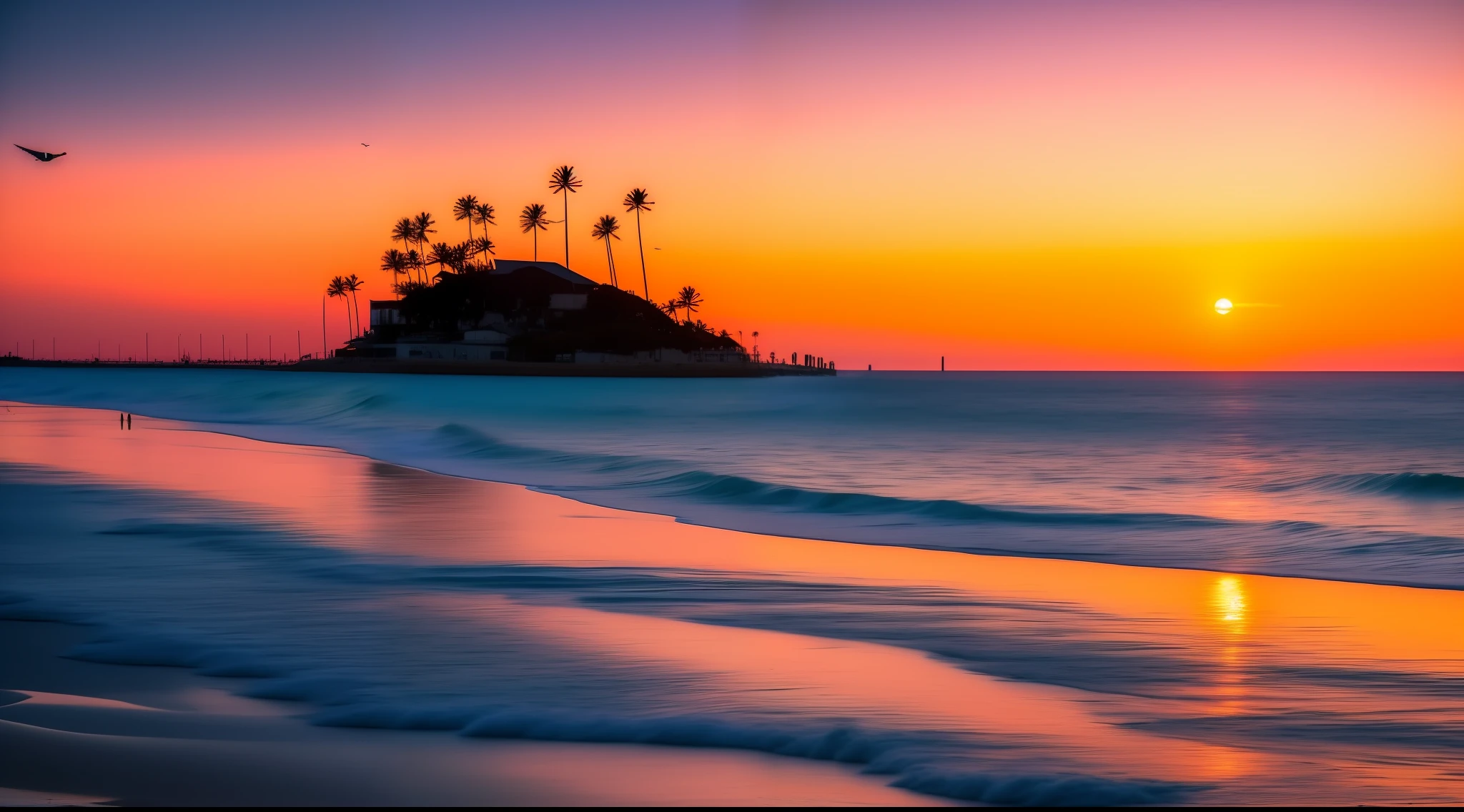 An absolutely mesmerizing sunset over the beach, with a blend of oranges, pinks, and yellows filling the sky. Crystal-clear waters of the sea gently kissing the shore, with sandy white beach stretching far and wide. The scene is dynamic and breathtaking, with seagulls soaring high in the sky and gently swaying palm trees. Take in the calming atmosphere and let the peacefulness wash over you.