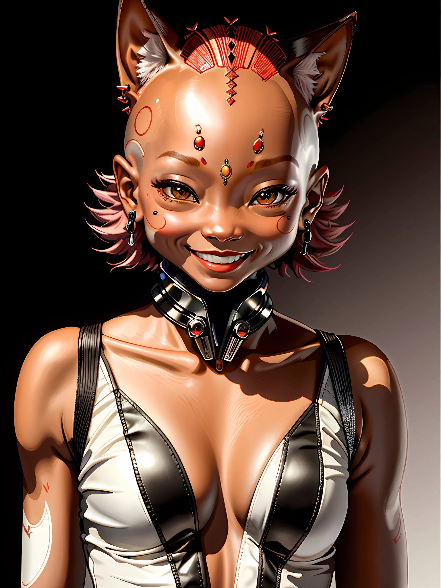 Close-up, an alien woman smiling, peculiar appearance, red fox eyes, short, pointed little nose, cat-like small mouth, hippopotamus ears, bald head, hairless cat-like skin, minimalist background, ((realistic)), masterpiece, highest quality, (masterpiece: 1.0), (best quality: 1.4), intricate details, super detailed, sci-fi movie