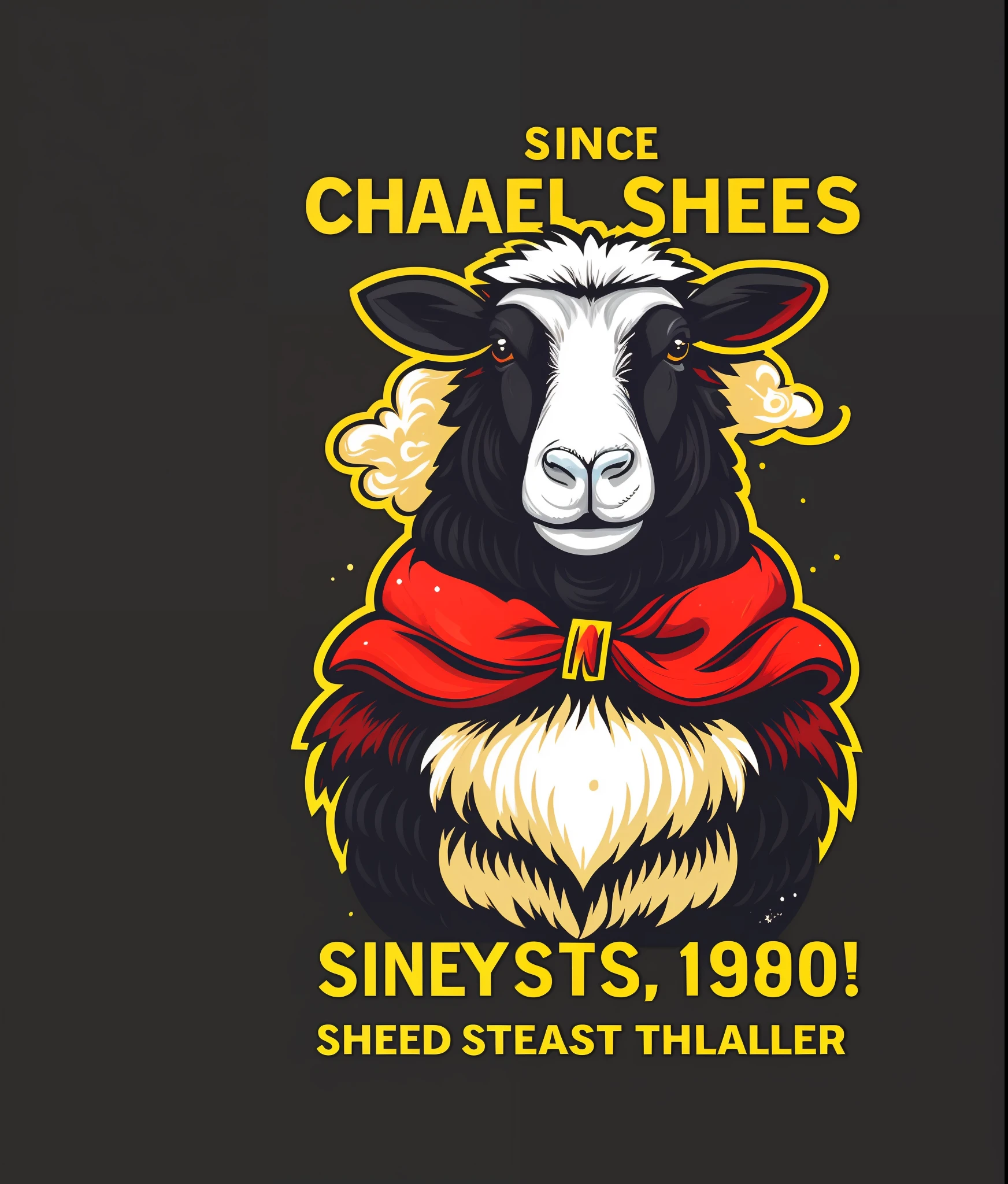 Banner text above saying "black family's sheep", black sheep character, red straight Chanel hair with bangs, Banner text in the bottom saying " Since 1980", mysterious thriller, colorful, vintage style, (t-shirt design), masterpiece realistic volumetric light