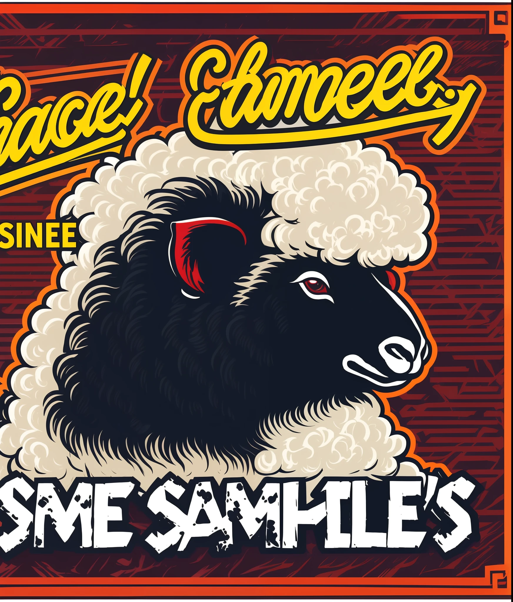 Banner text above saying "black family's sheep", black sheep character, red straight Chanel hair with bangs, Banner text in the bottom saying " Since 1980", mysterious thriller, colorful, vintage style, (t-shirt design), masterpiece realistic volumetric light