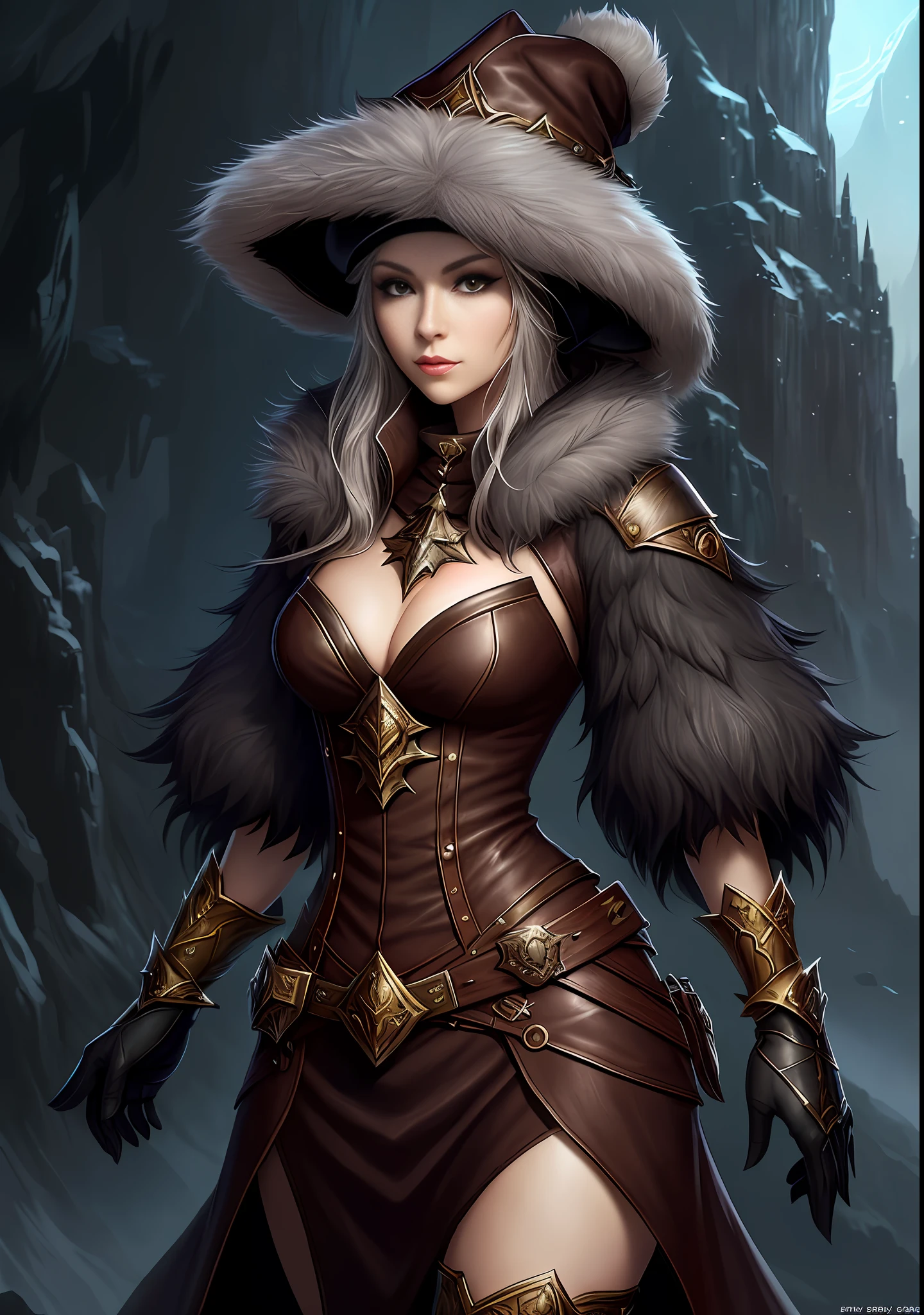 a woman in a furry outfit and a furry hat, fantasy character art, stunning character art, epic fantasy character art, hd fantasy art, epic exquisite character art, realistic fantasy artwork, fantasy woman, epic fantasy art style hd, fantasy character, digital fantasy art ), fantasy style art, detailed fantasy art, high quality fantasy art, fantasy outfit, digital 2d fantasy art