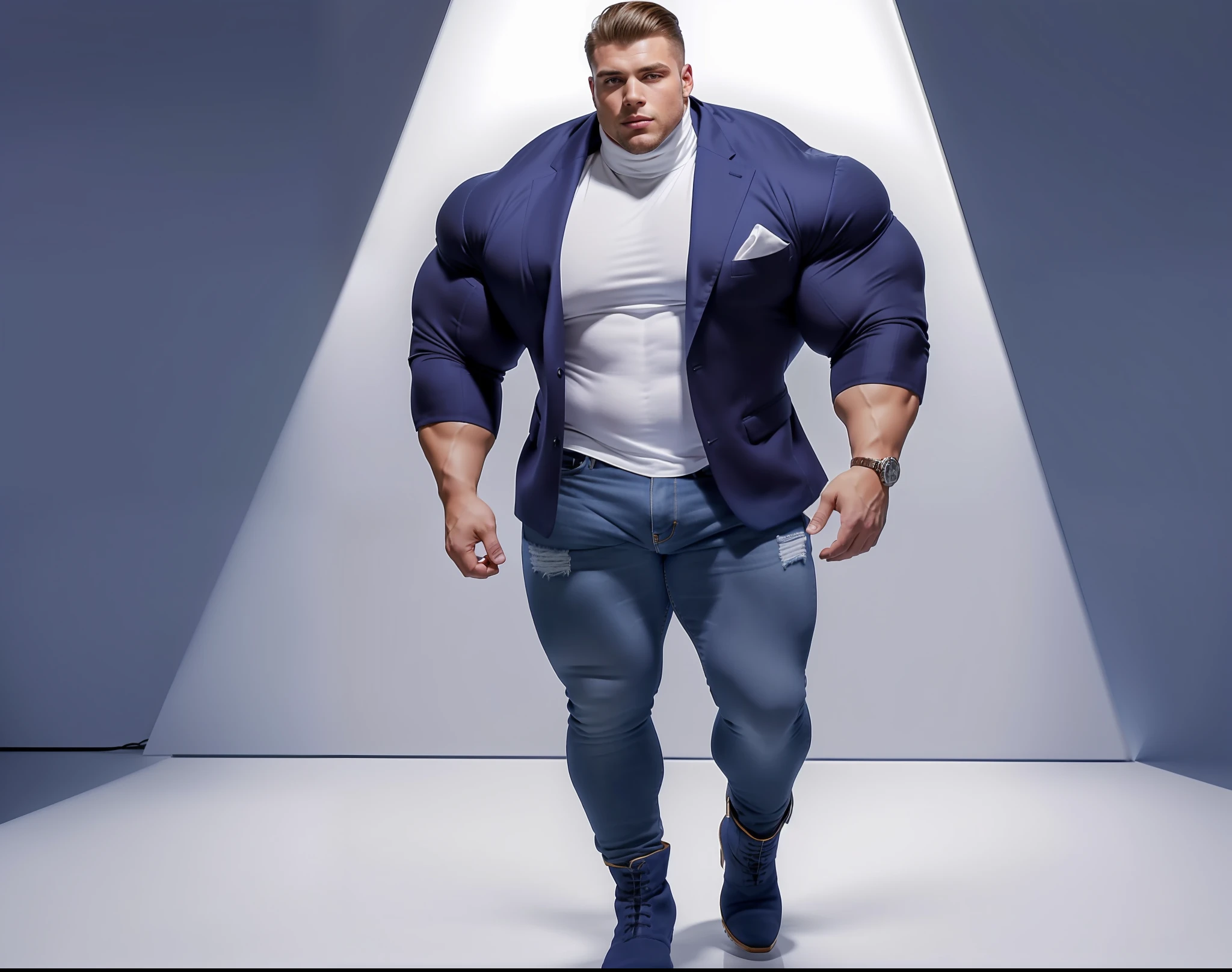 solo model photoshoot, a male bodybuilder with huge muscles and ((extremely wide shoulders)) posing against a white wall, ((wearing a tailored blazer over a fitted turtleneck)), ((with tight-fitting jeans and a pair of stylish boots)), ultra realistic, 8k, masterpiece, ((detailed face)) ((candid photo)), ((even lighting)), (((youthful man))), ((young man)), (((handsome))), even lighting