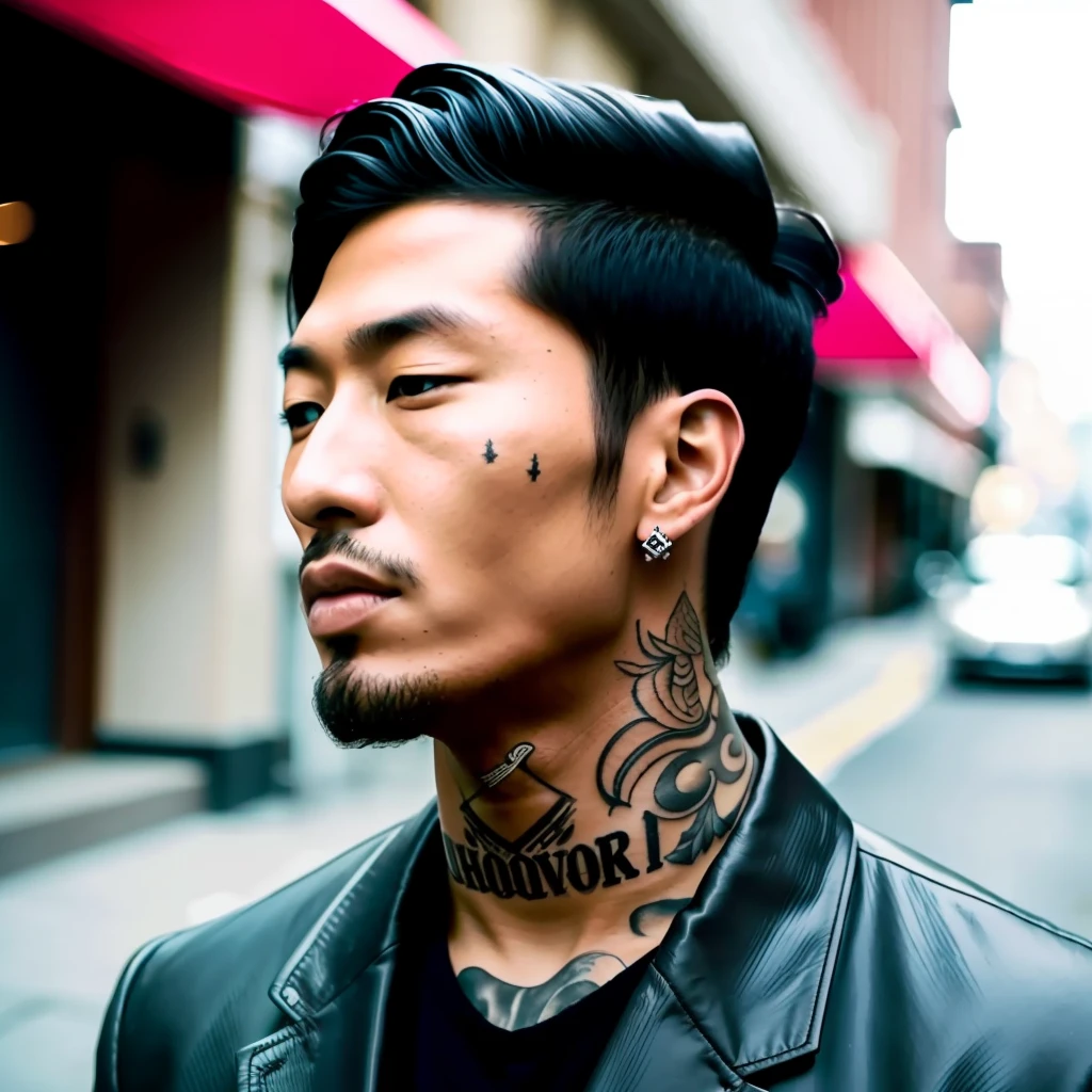 man smoking, cigarettes, natural lights, ghetto, gangsta, Asian man, high cheekbones, stubble, facial hairs, UHD, wide angle, cool style, tattoos, face tattoos, Hmong, masterpiece, ultra realistic, 16k