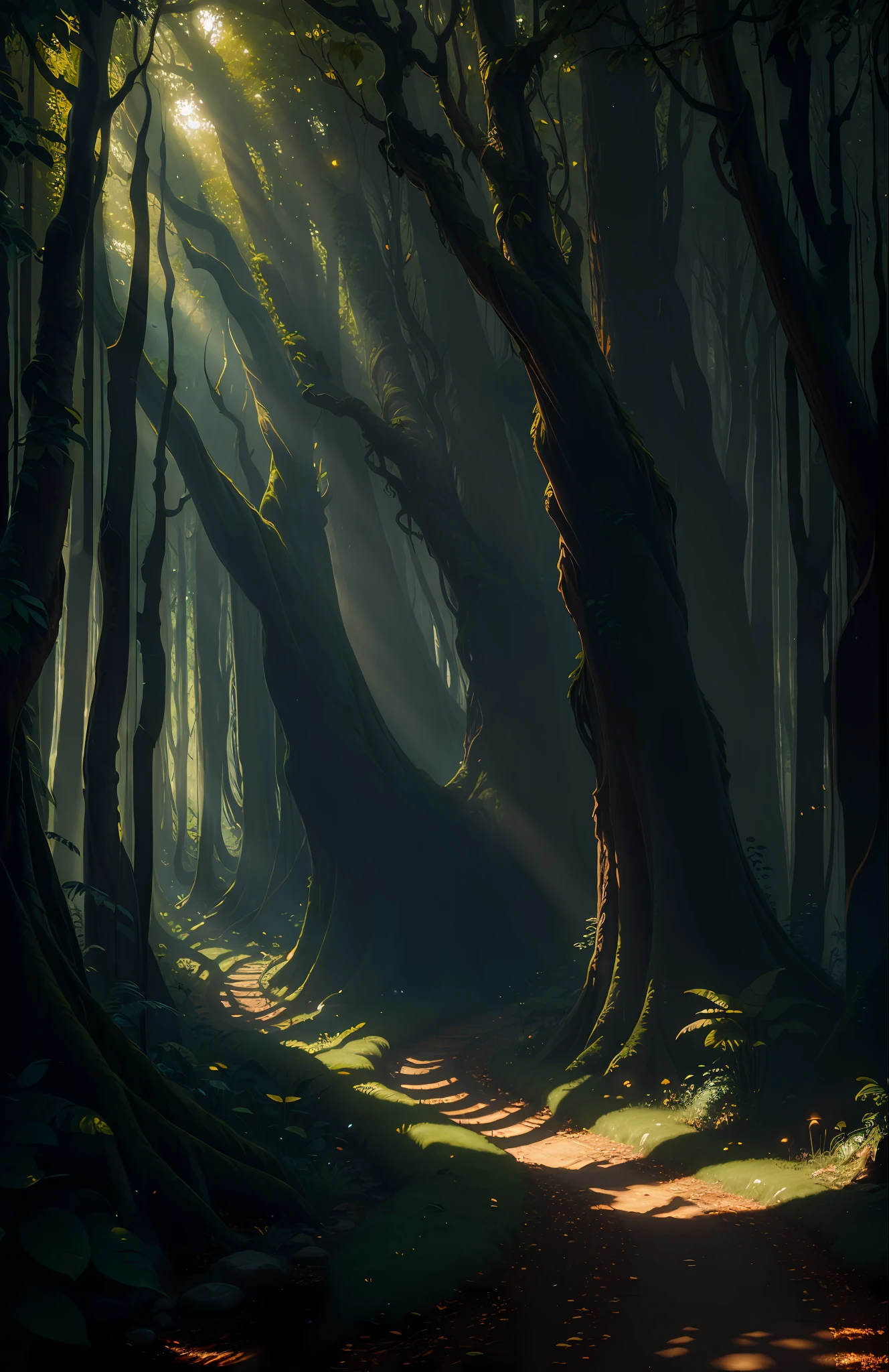 (extremely detailed CG unity 8k wallpaper, masterpiece, best quality, super detailed), (best lighting, best shadows, extremely delicate and beautiful), lush greenery, magical fog, warm sunshine, rich wild Animals and plants, mysterious and charming elf forest.