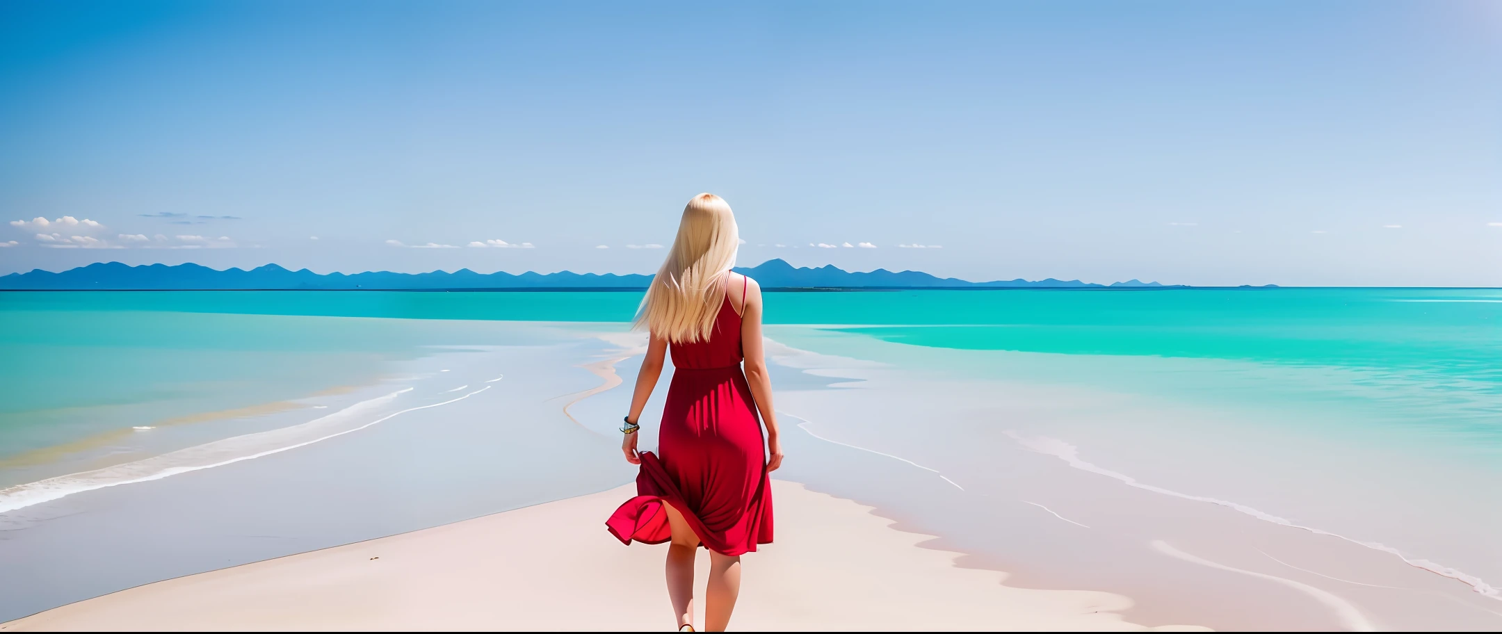 White blond woman tall like 180 or so, very thin and wear red dress lower knees , this was me  in this dream. I went to travel so some coastline where was beautiful white sand on the beach and pure lazurite's color water in ocean. Very clear and fresh , look like some ancient place existed on earth before. Weather is very warm but when touch the water, water is arctic cold .