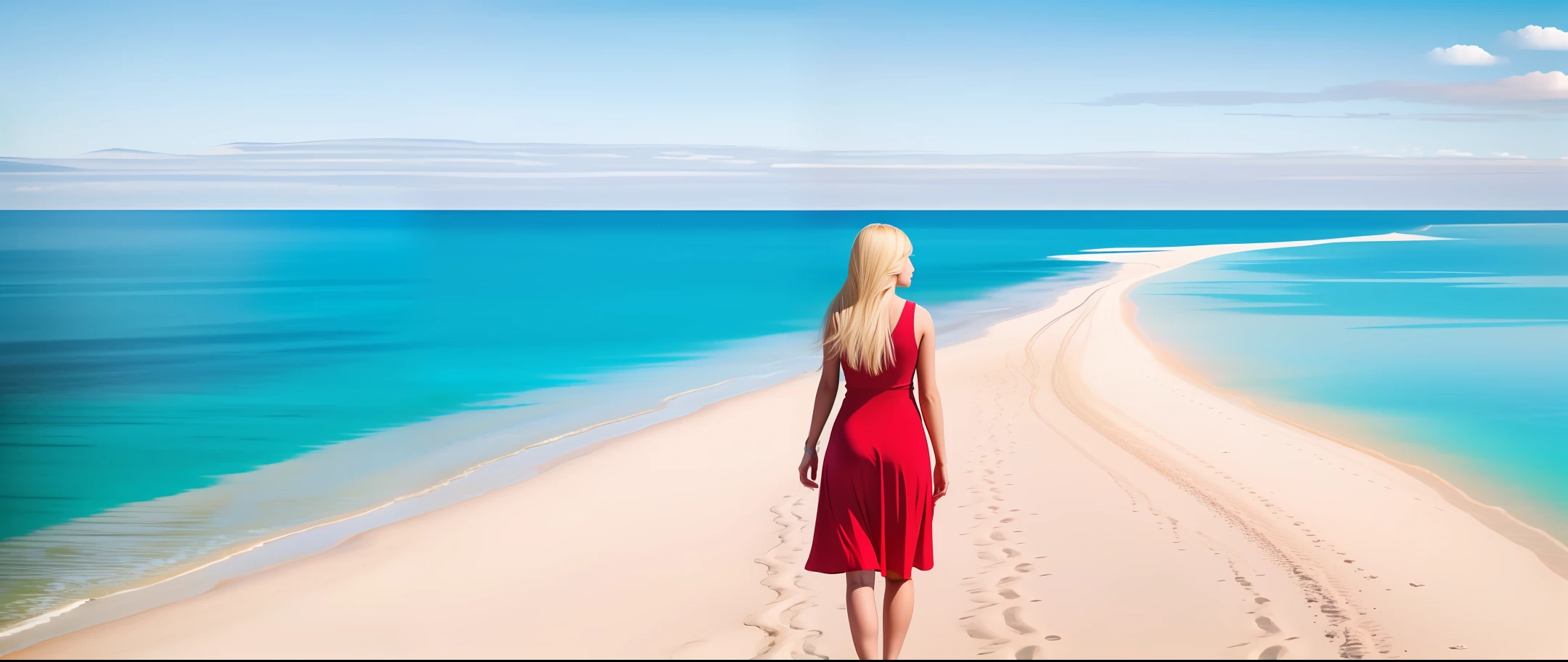 White blond woman tall like 180 or so, very thin and wear red dress lower knees , this was me  in this dream. I went to travel so some coastline where was beautiful white sand on the beach and pure lazurite's color water in ocean. Very clear and fresh , look like some ancient place existed on earth before. Weather is very warm but when touch the water, water is arctic cold .