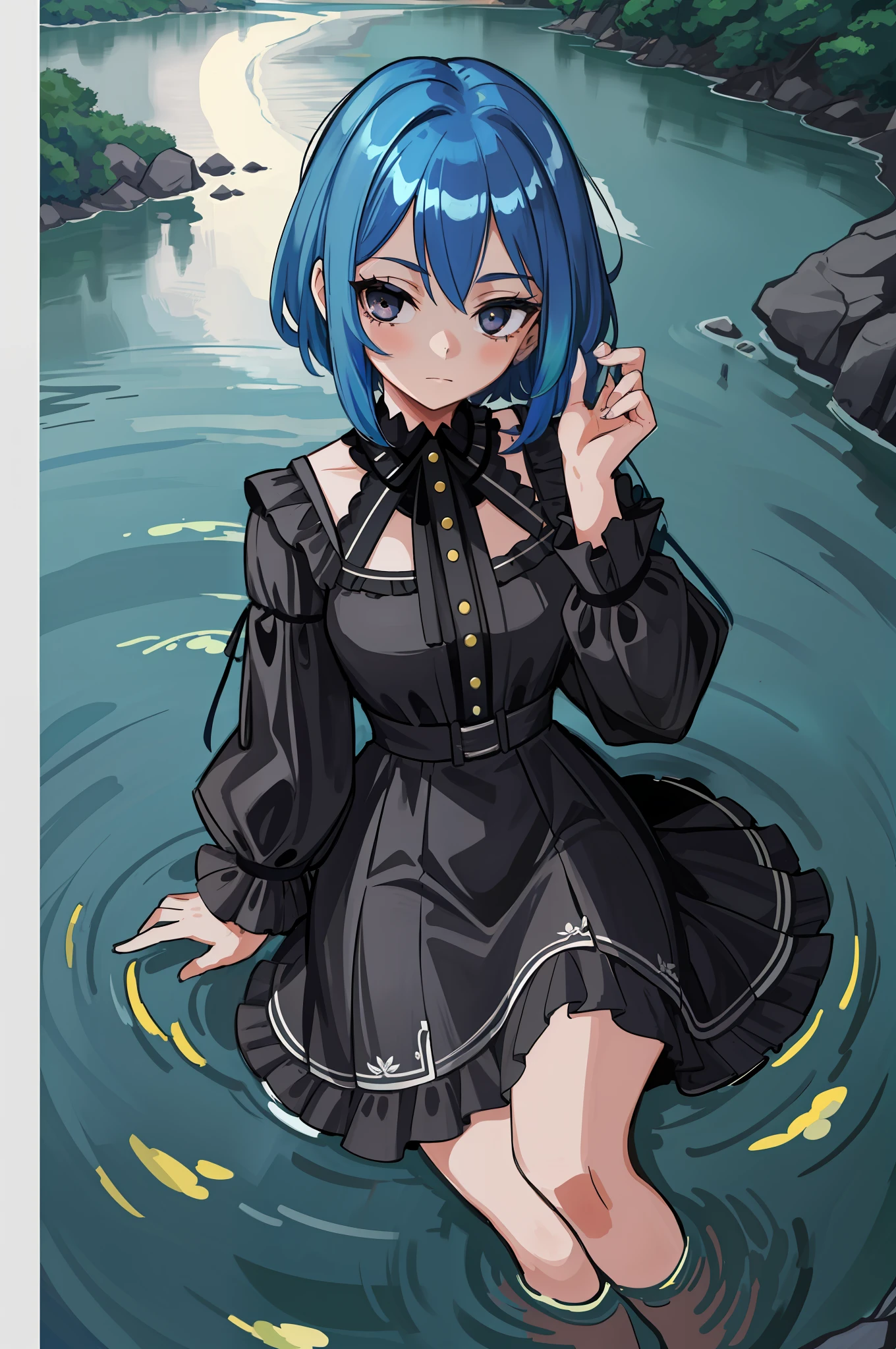 A stunning masterpiece of a high-res portrait of a beautifully detailed girl with short, shiny blue hair and mesmerizing black eyes, wearing a dress and shy expression, river landscape