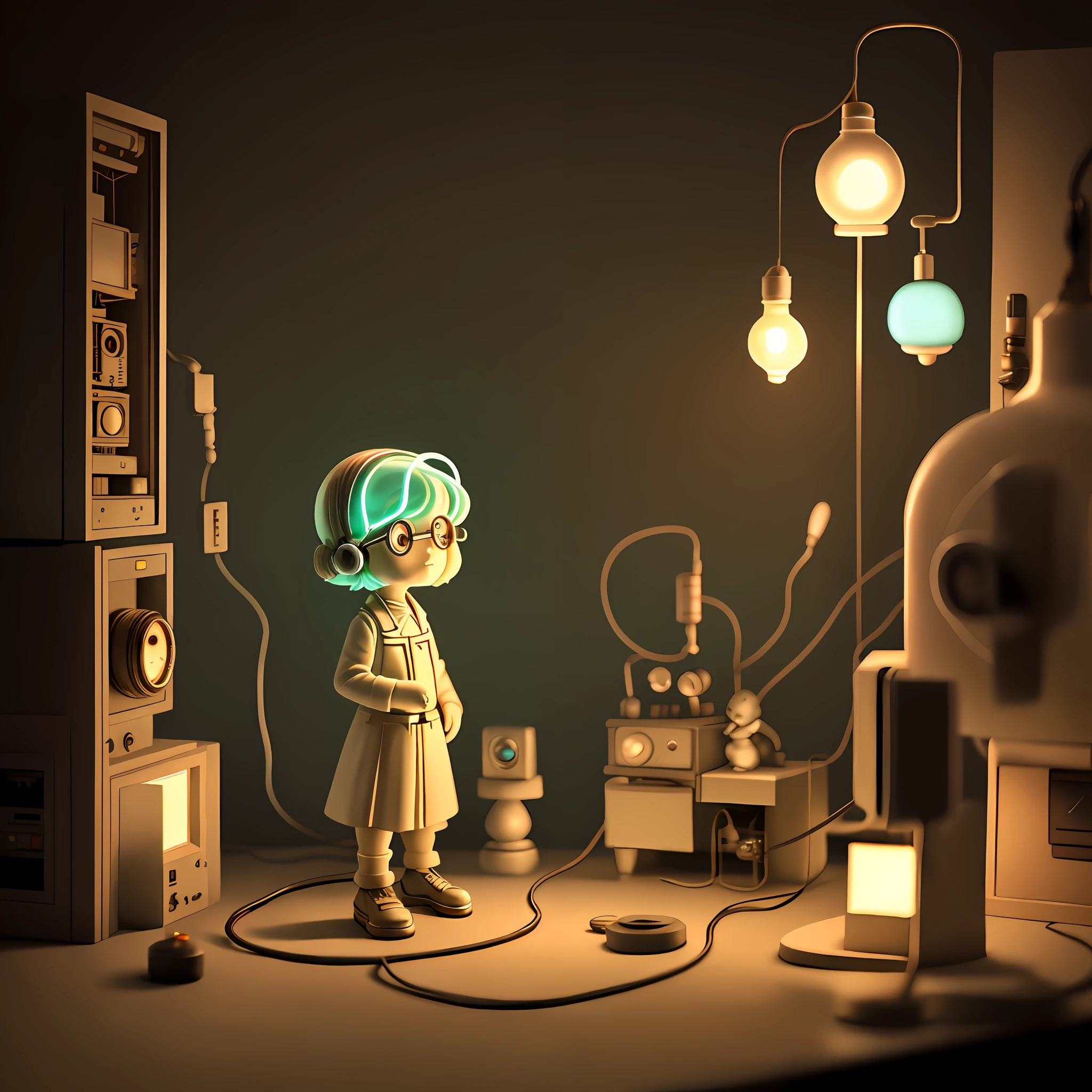 Chibi scientist looking at a gleaming art deco 1930s device made of clay, scientist, inventory, analog controls, evening lamplight, playing retro games, particles flowing inside the glowing wires, hands hidden