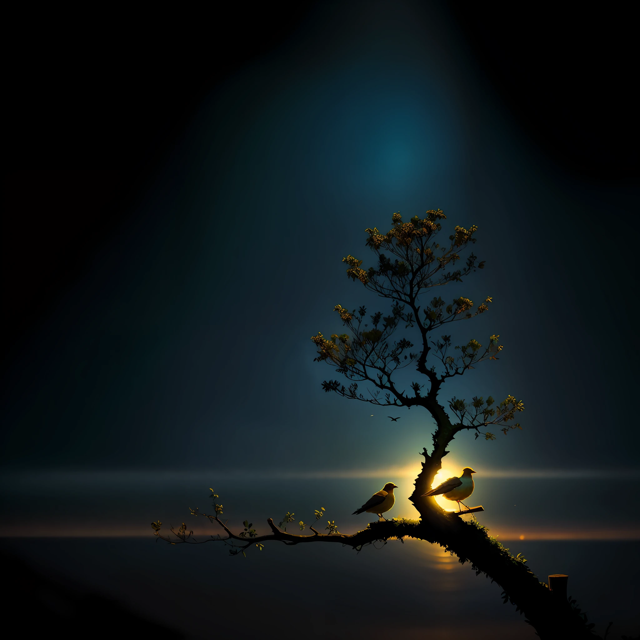 2bird sitting on a branch of tree, beautiful, peaceful, volumetric color, dynamic lighting, cinematic, depth of field