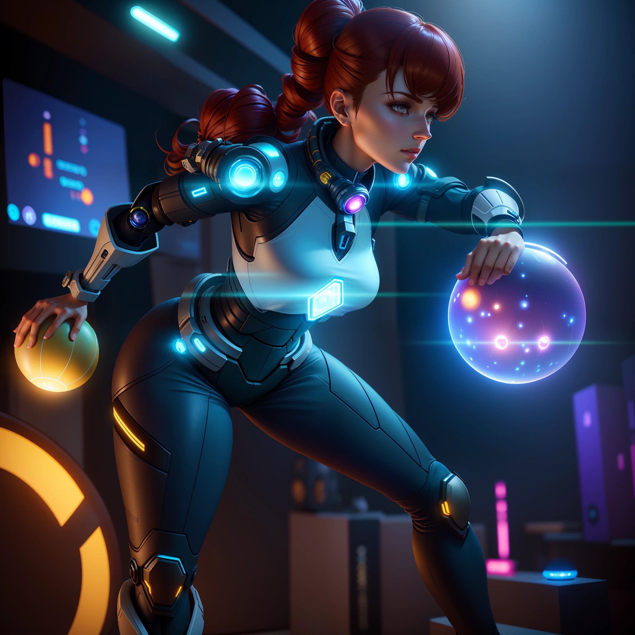 arafed woman in a futuristic suit holding a glowing ball, 3 d render character art 8 k, sci fi female character, scifi woman, girl in mecha cyber armor, clothed in sci-fi military armor, female lead character, 3 d character art, scifi character render, epic scifi character art, artgerm julie bell beeple