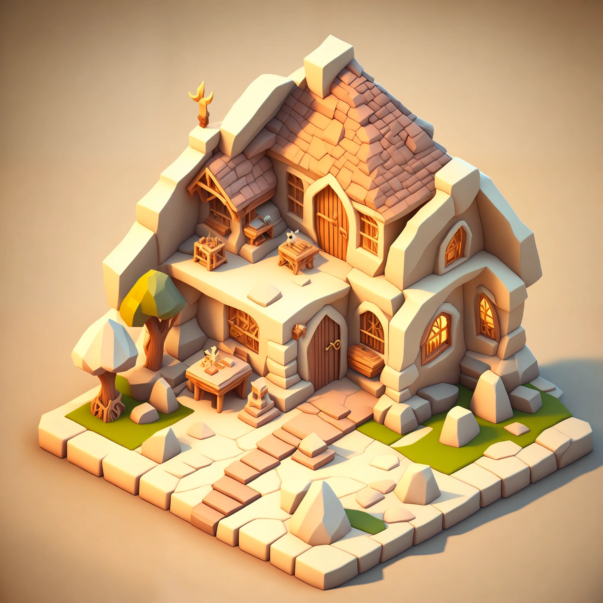 Isometric house, RPG style, cartoon, DnD, fantasy, mobile game, primitive man, animal bone, stone, wood