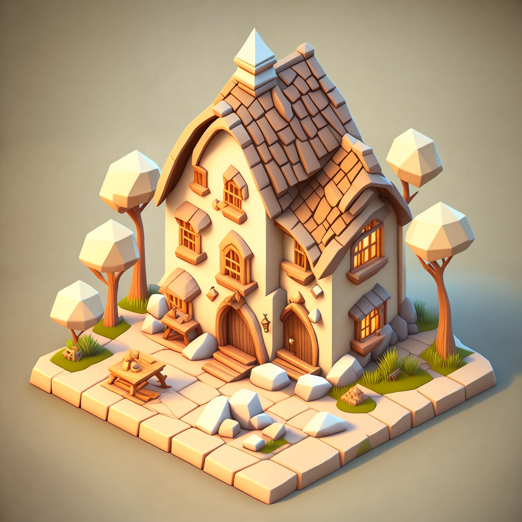 Isometric house, RPG style, cartoon, DnD, fantasy, mobile game, primitive man, animal bone, stone, wood