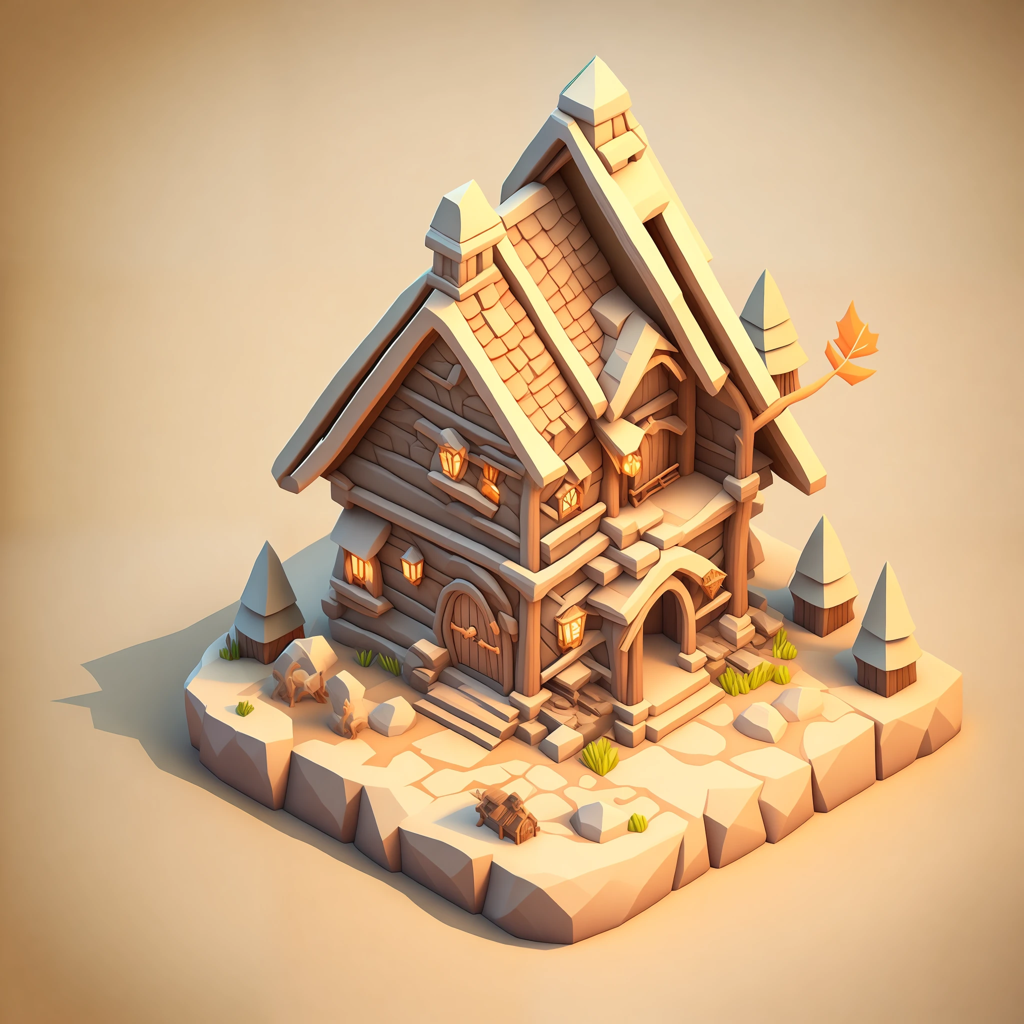 Isometric house, RPG style, cartoon, DnD, fantasy, mobile game, primitive man, animal bone, stone, wood