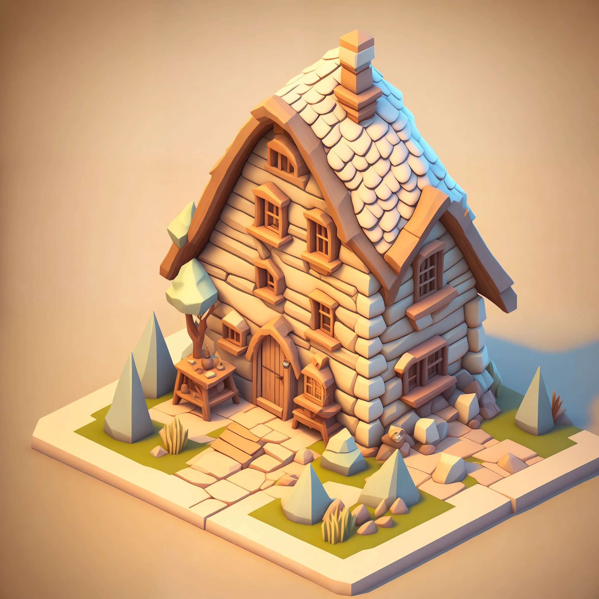 Isometric house, RPG style, cartoon, DnD, fantasy, mobile game, primitive man, animal bone, stone, wood