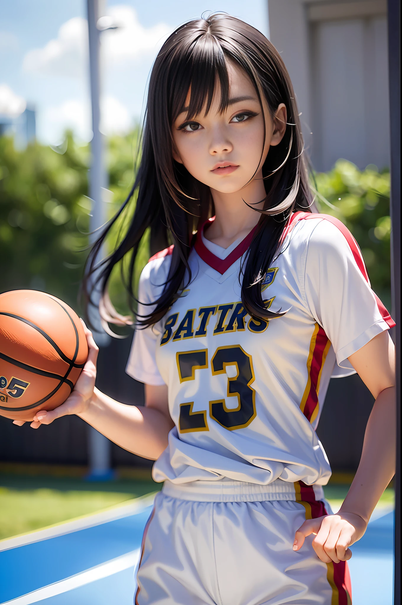 (8k, Best Quality, Masterpiece: 1.2), (Realistic, Realistic: 1.37), Ultra Detailed, Best Quality, Ultra High Resolution, Professional Lighting, Photon Mapping, Radiosity, Physically Based Rendering, Cinematic Lighting, Basketball court, depth of field, clear focus, sunlight, good composition, (bokeh: 1.2) 1girl, solo, (full body), (closed mouth), beautiful and detailed eyes, pose, narrow waist, basketball uniform, black hair , messy hair, long hair blowing in the wind, (ulzzang-6500:1.2) mix4, hiqcgbody