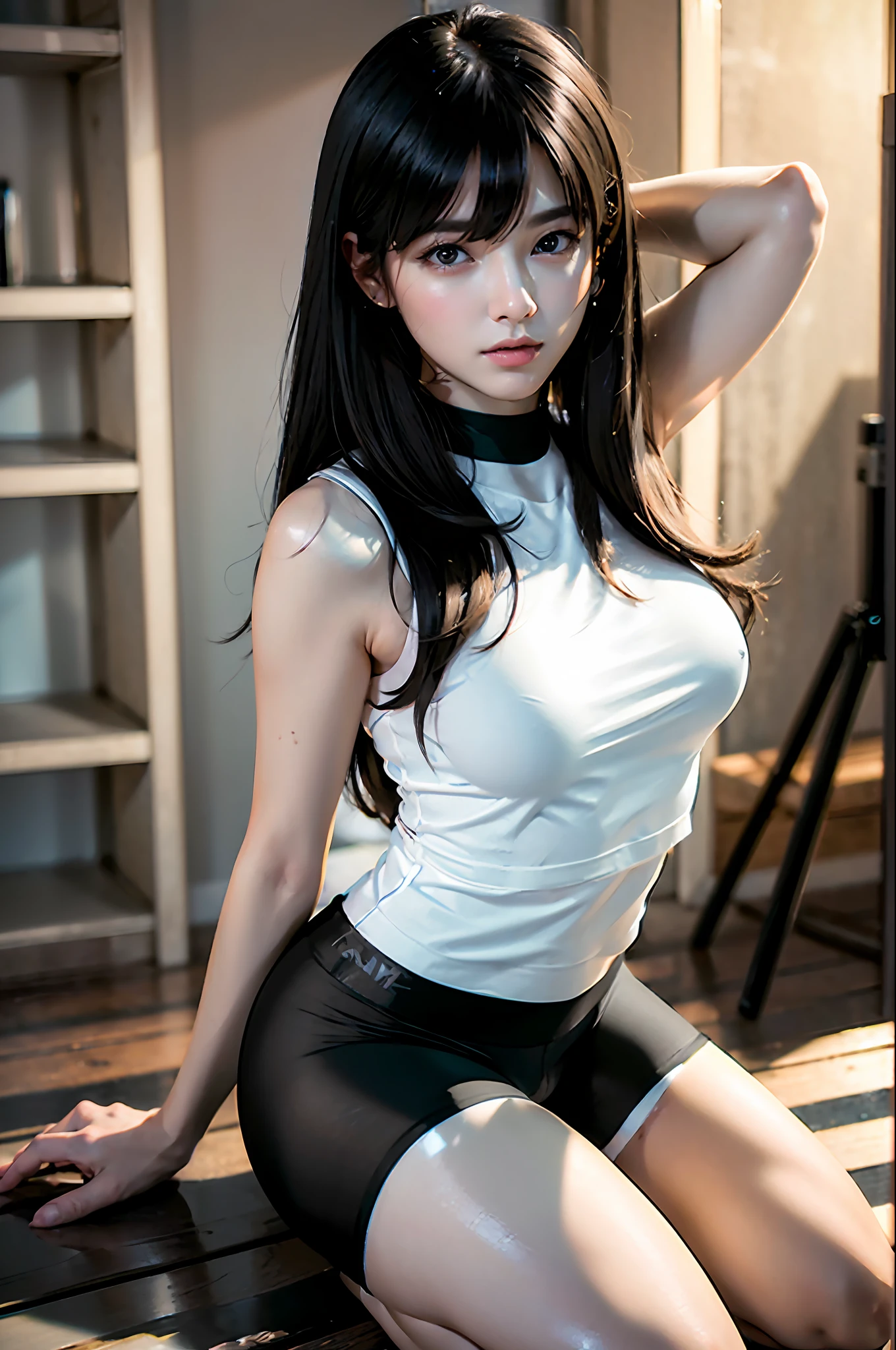 mix4, (plain gloss black spandex shorts:1.47)(8k, RAW photography, best quality, masterpiece: 1.2), (realistic, photorealistic: 1.37), one girl, cute, professional lighting, physically based rendering, handsome, masterpiece, top quality, high resolution, white shirt, sitting in kneeling position, quality photos, high resolution, 1080p, ( Clear Face), (Detailed Face Description), (Detailed Hand Description), (Masterpiece), (Elaborate CG), (Detailed Facial Features), (Top Quality Photos), (Masterpiece), (Detailed Eyes)