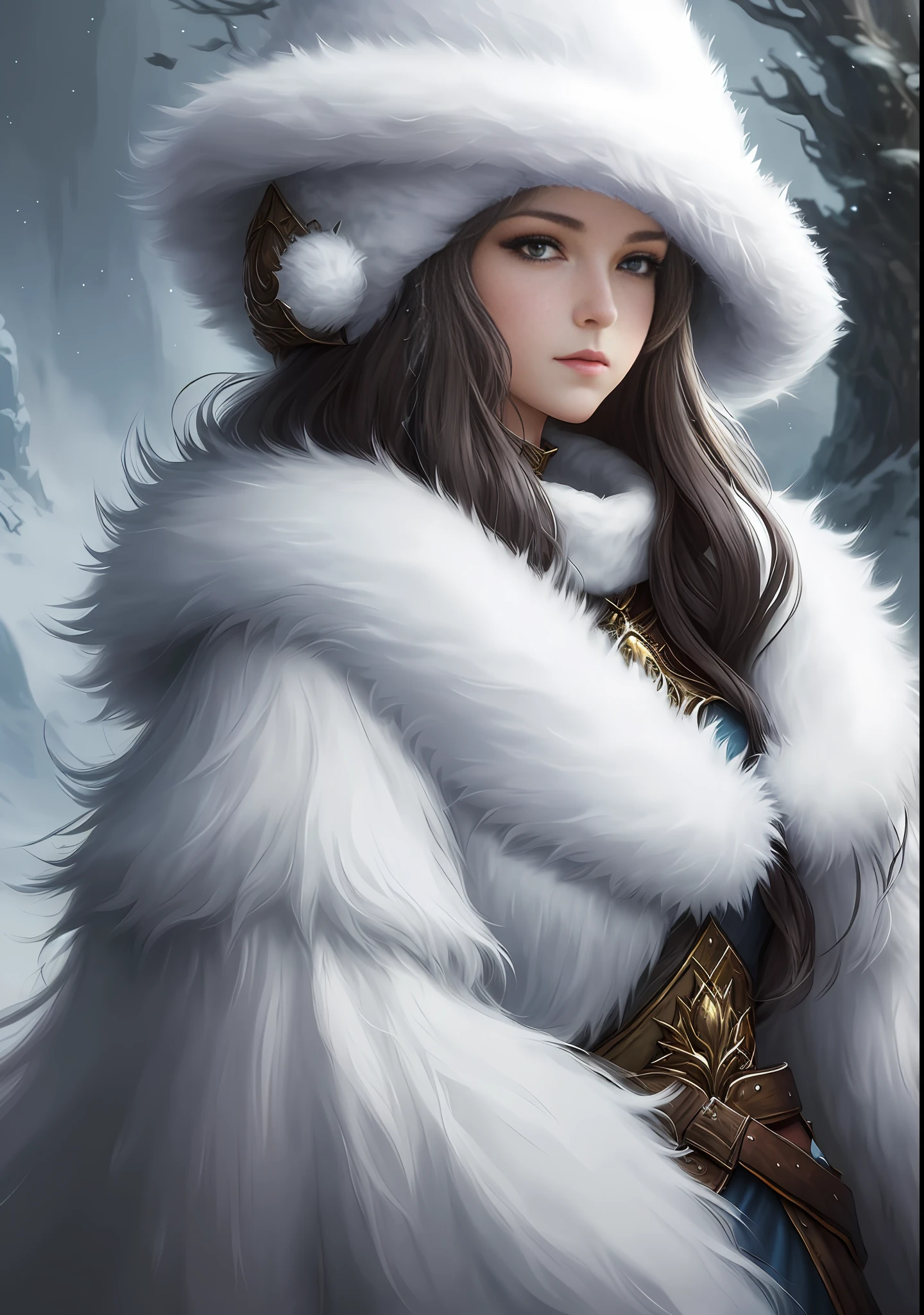 Beautiful girl in fluffy outfit and fluffy hat, innuit, long hair, Fantasy character art, Awesome character art, Epic fantasy character art, HD fantasy art, Epic exquisite character art, Realistic fantasy artwork, Fantasy woman, Epic fantasy art style HD, Fantasy character, Digital fantasy art), Fantasy style art, Detailed fantasy art