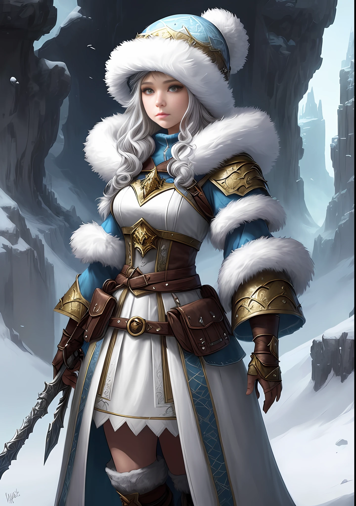 Girl in fluffy outfit and fluffy hat, Fantasy character art, Awesome character art, Epic fantasy character art, HD fantasy art, Epic exquisite character art, Realistic fantasy artwork, Fantasy woman, Epic fantasy art style HD, Fantasy character, Digital fantasy art), Fantasy style art, Detailed fantasy art, High-quality fantasy art,  Fantasy Outfit, Digital 2D Fantasy Art
