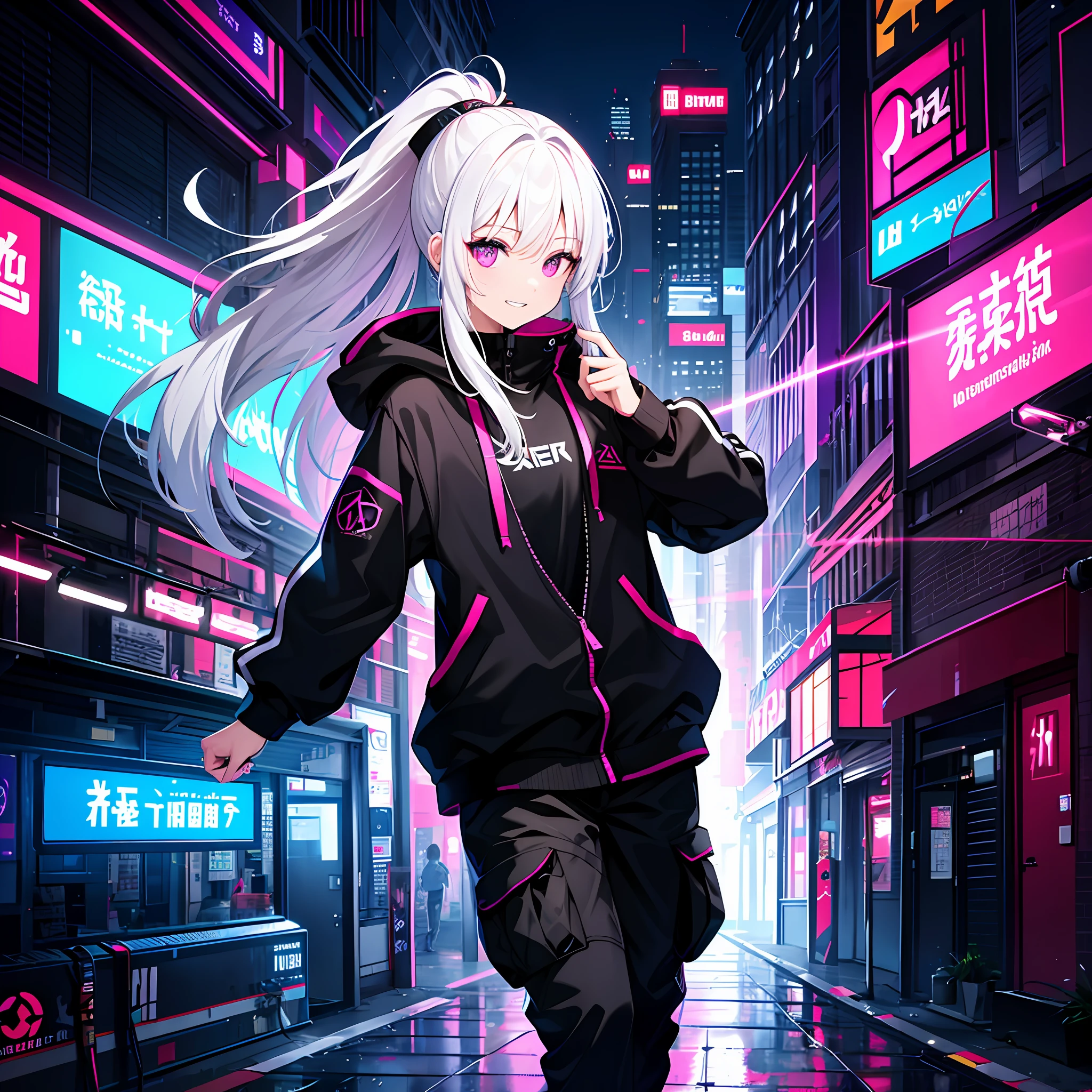 Outfit: "black_jacket, techwear_jacket, raspberry_color_stripes_along_sleeve, closed_jacket, black_pants, cargo/techwear_pants, black_headphones, modest," 

Body: "1girl, athletic, long_hair, white_hair, ponytail, white_hair, raspberry_color_eyes, glowing_eyes, confident_grin, looking_at_viewer," 

Action: "walking, walking_alone, calm_pose, solo, alone,"

Image: "thin_outline, clear_photo, soft_colors, intricately_detailed_skin, intricately_detailed_eyes, intricately_detailed_hair, intricately_detailed_hair, multicolor_magenta_eyes," 

Area: "city_behind, sci-fi/cyberpunk_city_background, city_streets, colorful_neon_city, blue_purple_and_magenta_lights, light_fog, night_sky, soft_lighting, soft_bloom, Japanese_text_on_the_signs,"   

Artistic: "masterpiece, best_quality, ultra-detailed, very_detailed_illustrations, extremely_detailed, intricate_details, highres, super_complex_details, extremely_detailed_8k_cg_wallpaper, caustics, reflection, ray_tracing, solo, alone, 8k, best_quality, ultra_high_res, high_quality,"
