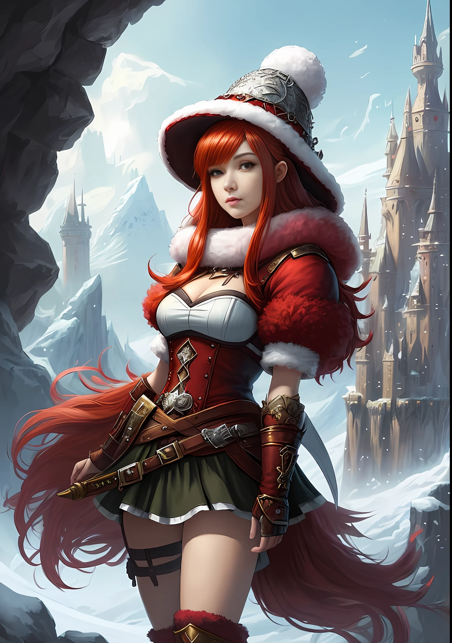 Young woman with red hair in fluffy outfit and fluffy hat, Fantasy Character Art, Awesome Character Art, Epic Fantasy Character Art, HD Fantasy Art, Epic Exquisite Character Art, Realistic Fantasy Artwork, Fantasy Woman, Epic Fantasy Art Style HD, Fantasy Character, Digital Fantasy Art), Fantasy Style Art, Detailed Fantasy Art, High Quality Fantasy Art, Fantasy Outfit, Digital 2D Fantasy Art