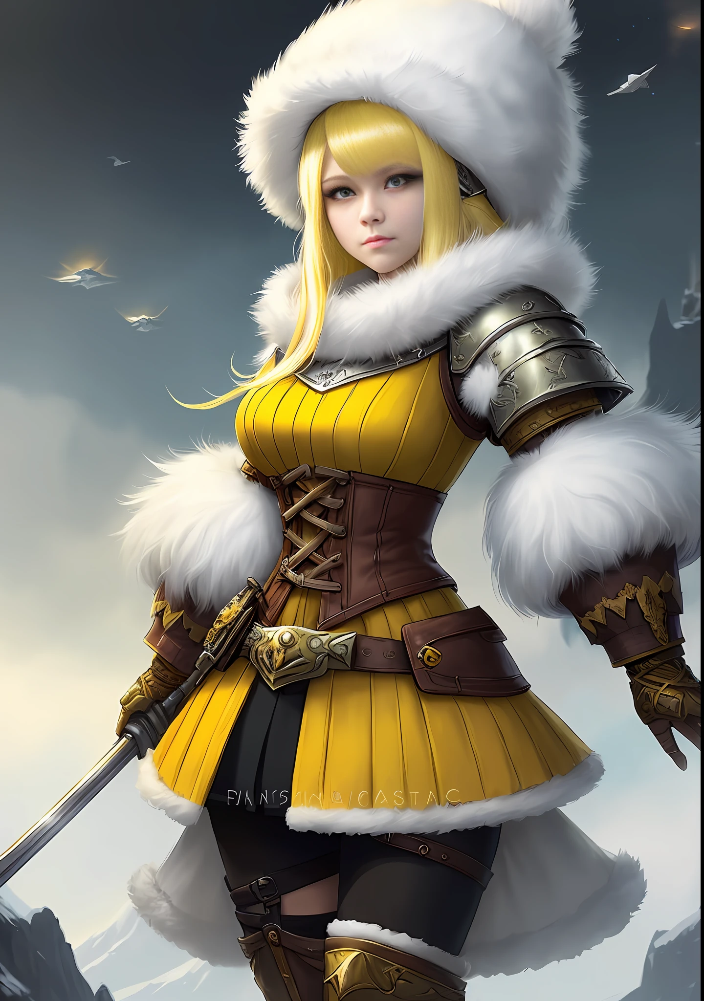 Young woman with yellow hair in fluffy outfit and fluffy hat, Fantasy character art, Awesome character art, Epic fantasy character art, HD fantasy art, Epic exquisite character art, Realistic fantasy artwork, Fantasy woman, Epic fantasy art style HD, Fantasy character, Digital fantasy art), Fantasy style art, Detailed fantasy art, High quality Fantasy Art, Fantasy Outfit, Digital 2D Fantasy Art