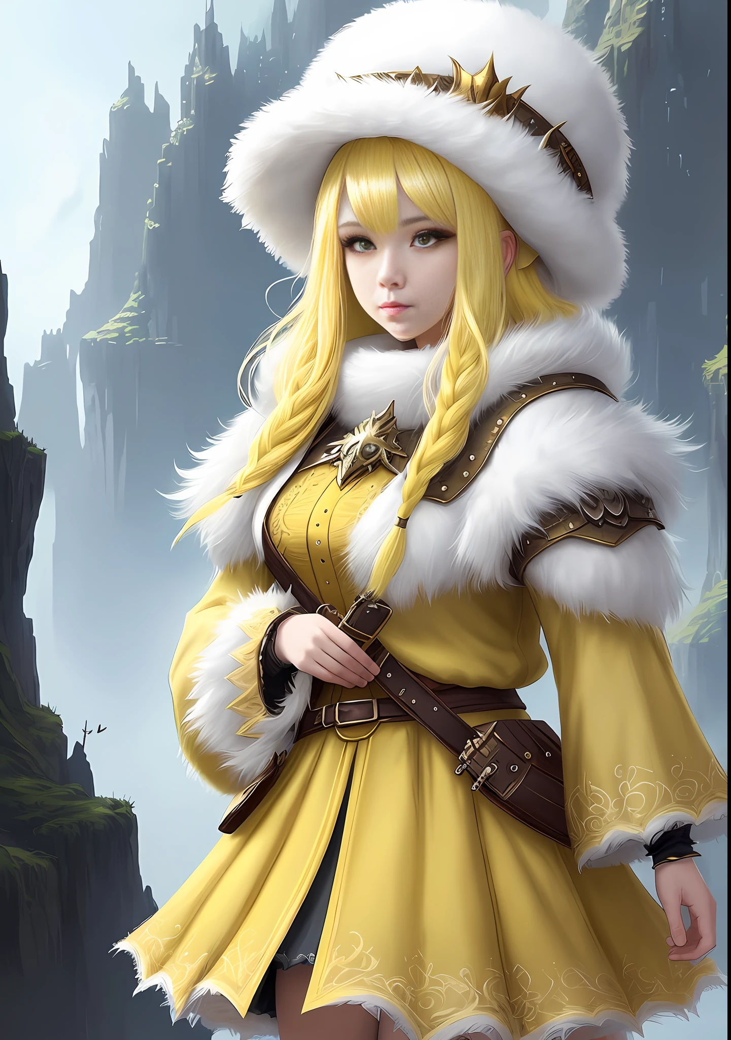 Young woman with yellow hair in fluffy outfit and fluffy hat, Fantasy character art, Awesome character art, Epic fantasy character art, HD fantasy art, Epic exquisite character art, Realistic fantasy artwork, Fantasy woman, Epic fantasy art style HD, Fantasy character, Digital fantasy art), Fantasy style art, Detailed fantasy art, High quality Fantasy Art, Fantasy Outfit, Digital 2D Fantasy Art
