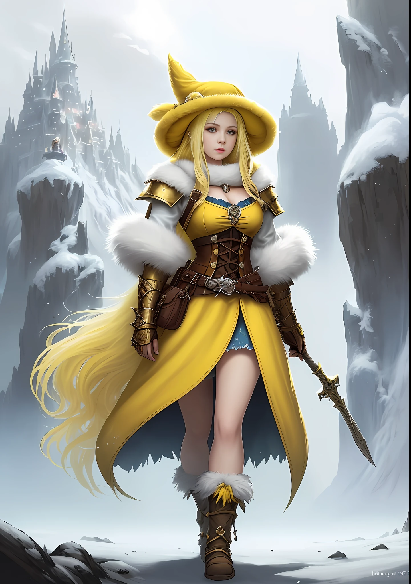 Young woman with yellow hair in fluffy outfit and fluffy hat, Fantasy character art, Awesome character art, Epic fantasy character art, HD fantasy art, Epic exquisite character art, Realistic fantasy artwork, Fantasy woman, Epic fantasy art style HD, Fantasy character, Digital fantasy art), Fantasy style art, Detailed fantasy art, High quality Fantasy Art, Fantasy Outfit, Digital 2D Fantasy Art