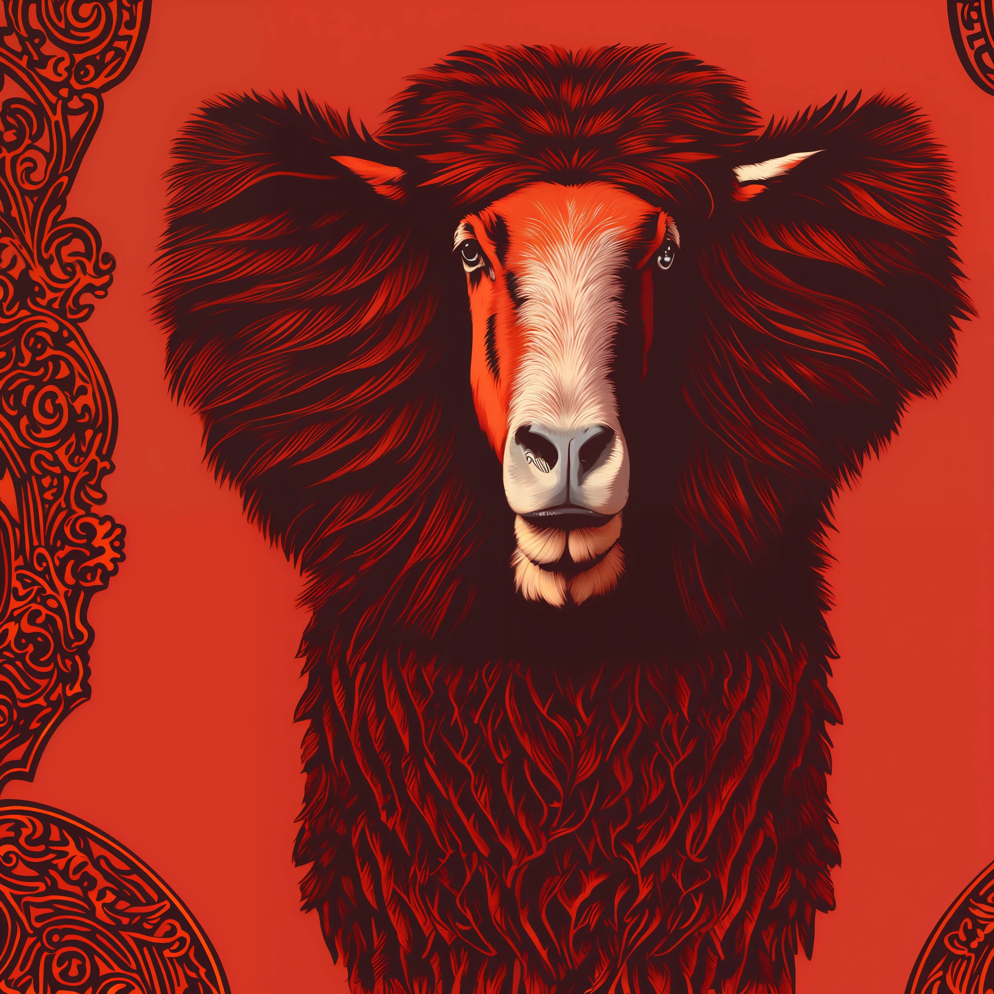 african pattern style, detailed Black sheep with red straight Chanel hair with bangs character, intricate illustration in african tribe pattern style, best of behance, cel shading, dark background, breathtaking, 8 k resolution, extremely detailed, beautiful, establishing shot, artistic, hyperrealistic, octane render, cinematic lighting, dramatic lighting, masterpiece by vector-art
