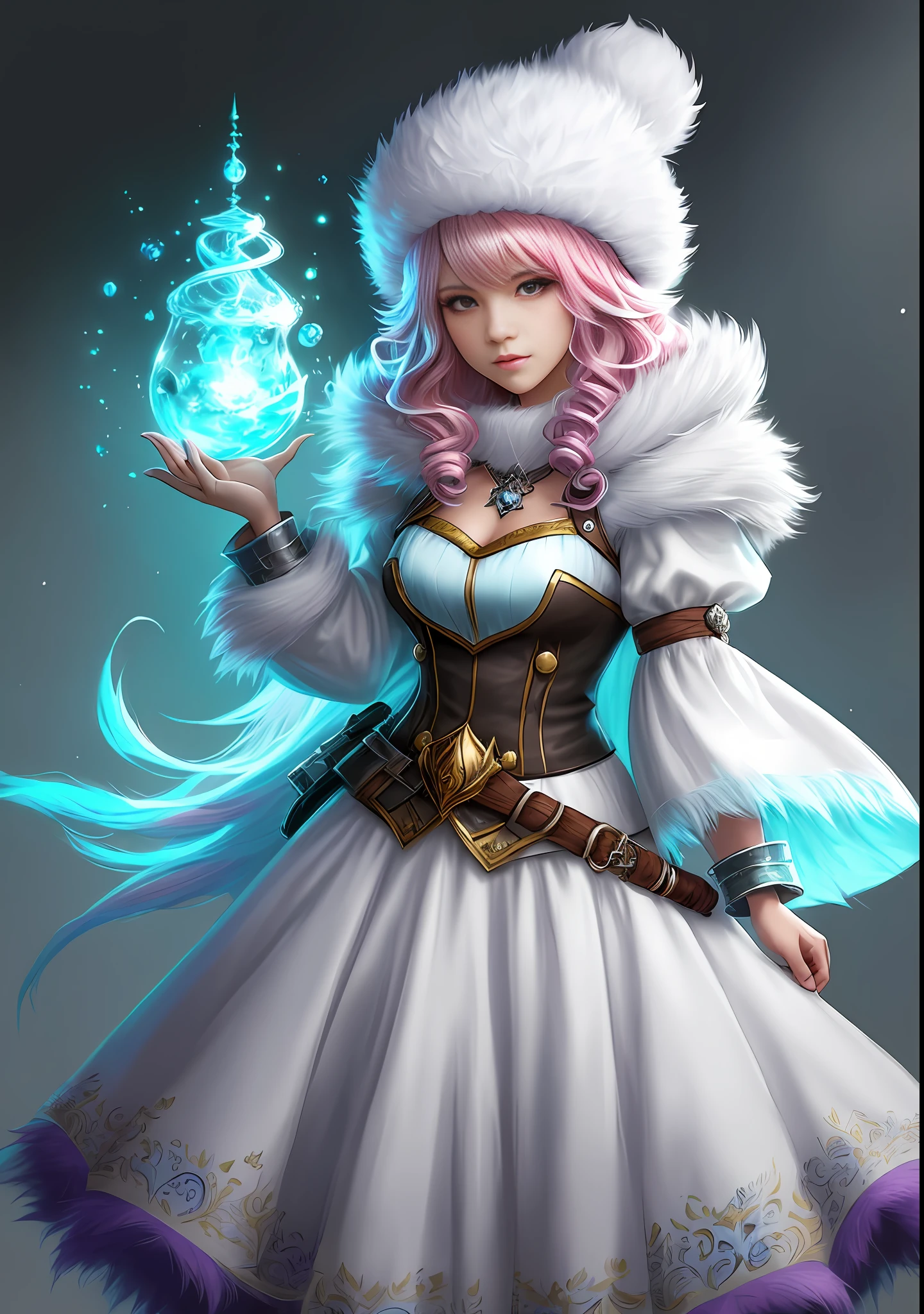 Young woman with bright hair in fluffy outfit and fluffy hat, Fantasy character art, Awesome character art, Epic fantasy character art, HD fantasy art, Epic exquisite character art, Realistic fantasy artwork, Fantasy woman, Epic fantasy art style HD, Fantasy character, Digital fantasy art), Fantasy style art, Detailed fantasy art, High quality Fantasy Art, Fantasy Outfit, Digital 2D Fantasy Art