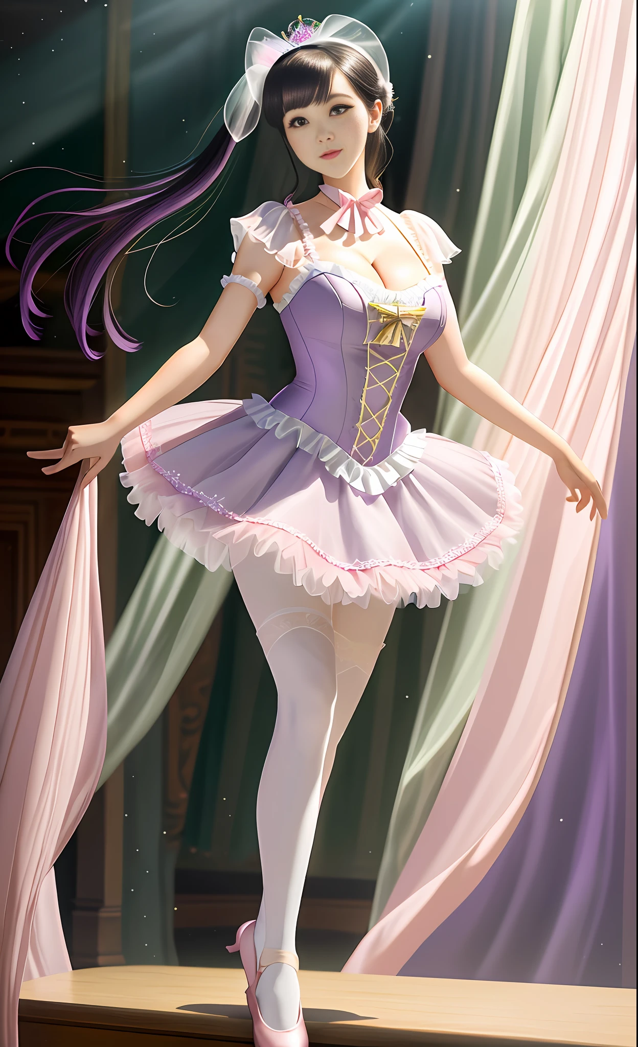 Ridiculous, high resolution, super detailed, (1 girl: 1.3),
High fork swimsuit, pink white ballet pantyhose, green tutu, looming feet, bright classroom, slim, pretty dream girl, looming bright purple white thigh socks, silky texture, lace stockings edge super detailed texture, real photos, detailed eyes, pretty eyes, blush, full body perspective, detailed face, big boobs, real photos, realistic human body, realistic skin texture, cleavage: 1.4, perfect light, perfect thighs, perfect calves, detailed face, show calves